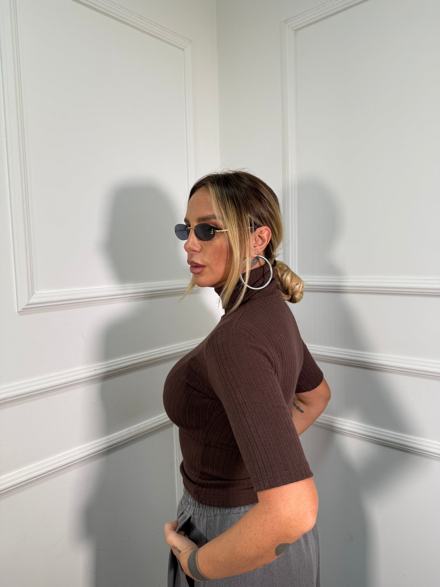 Maglioncino costine collo alto Work cioccolato 5257