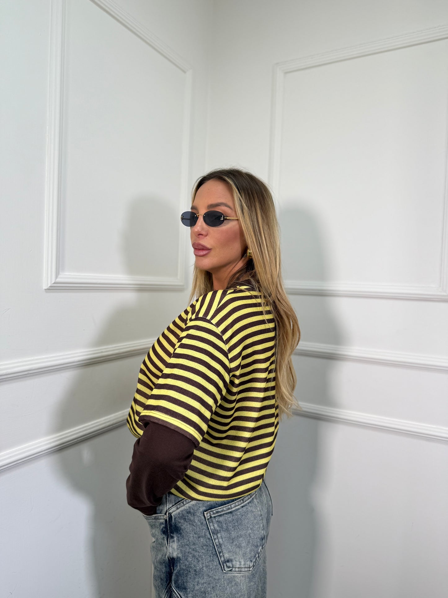 Shirt a righe con doppia manica Camy gialla/cacao 3626