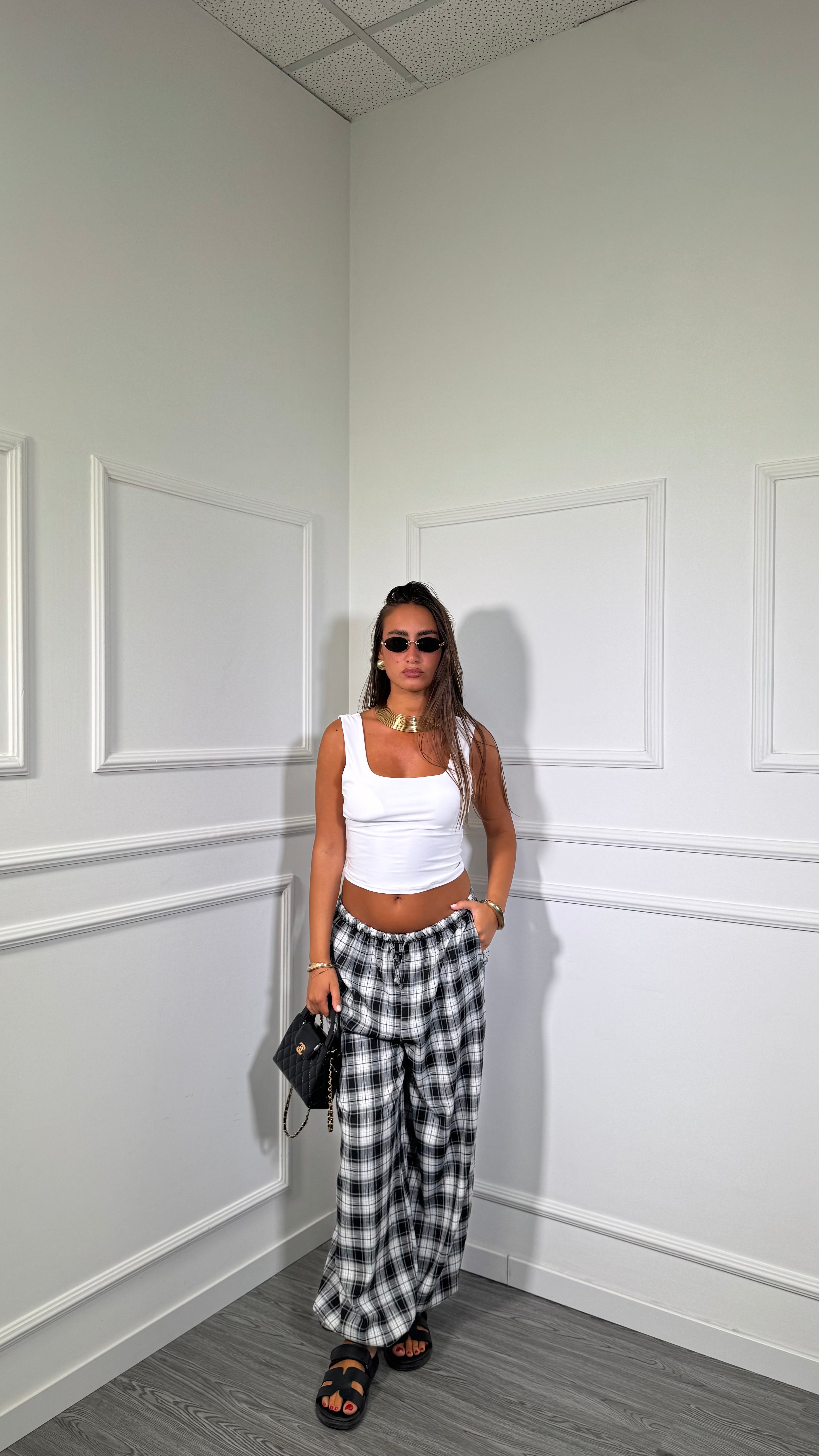 Pantaloni balloon a quadroni nero/bianco 6651