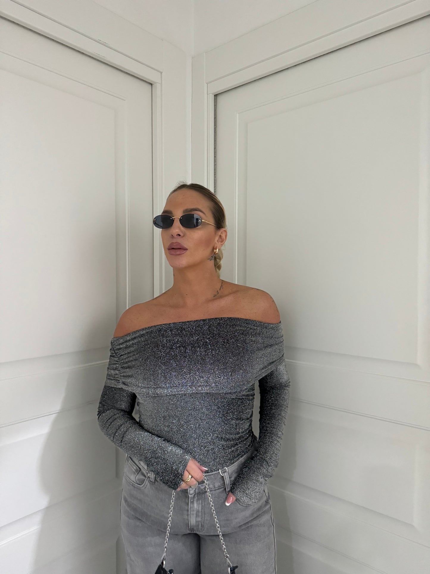 Maglia scollo a barca lurex