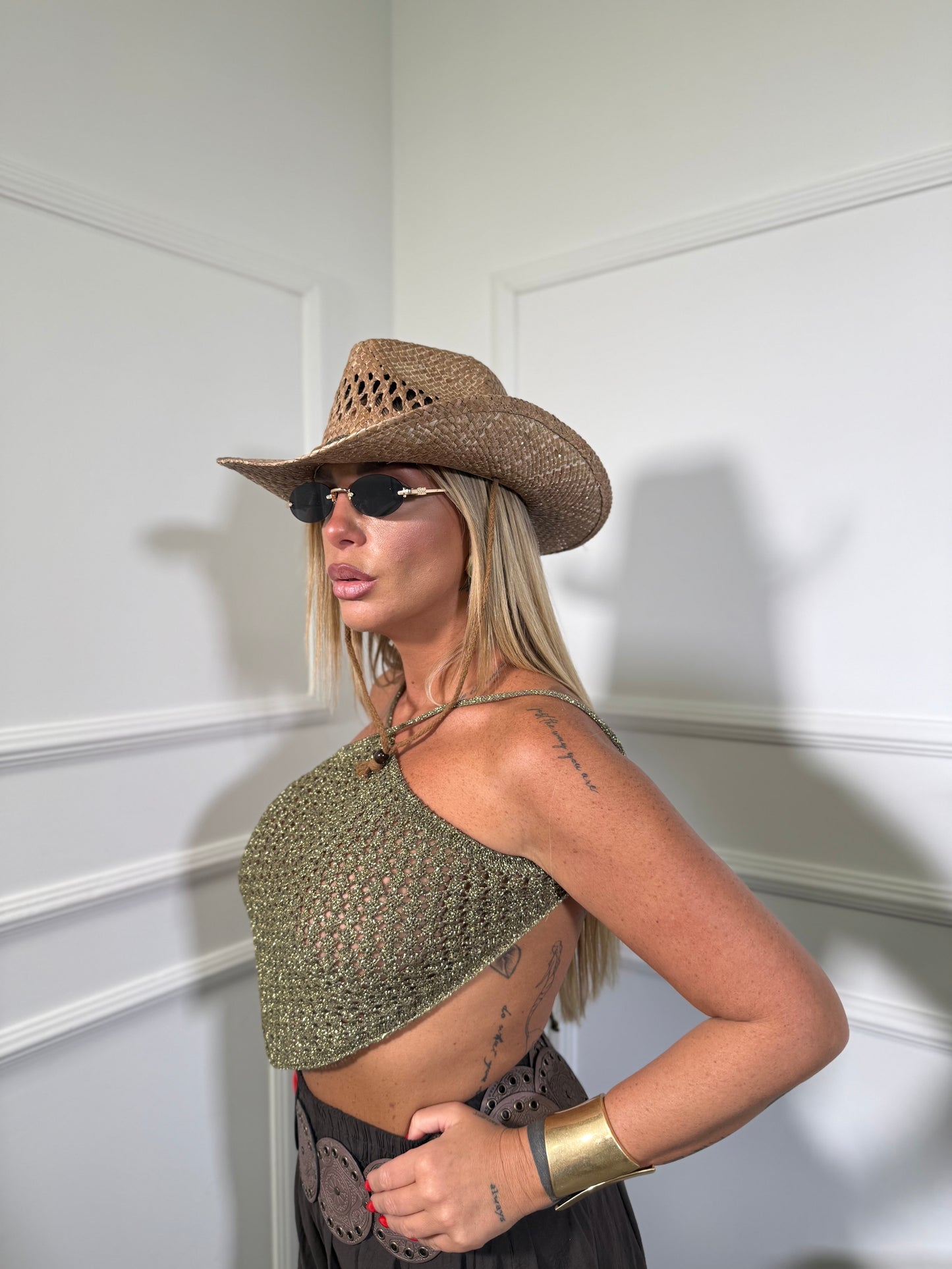 Top in filo a trapezio in lurex Ushuaia verde militare 2621