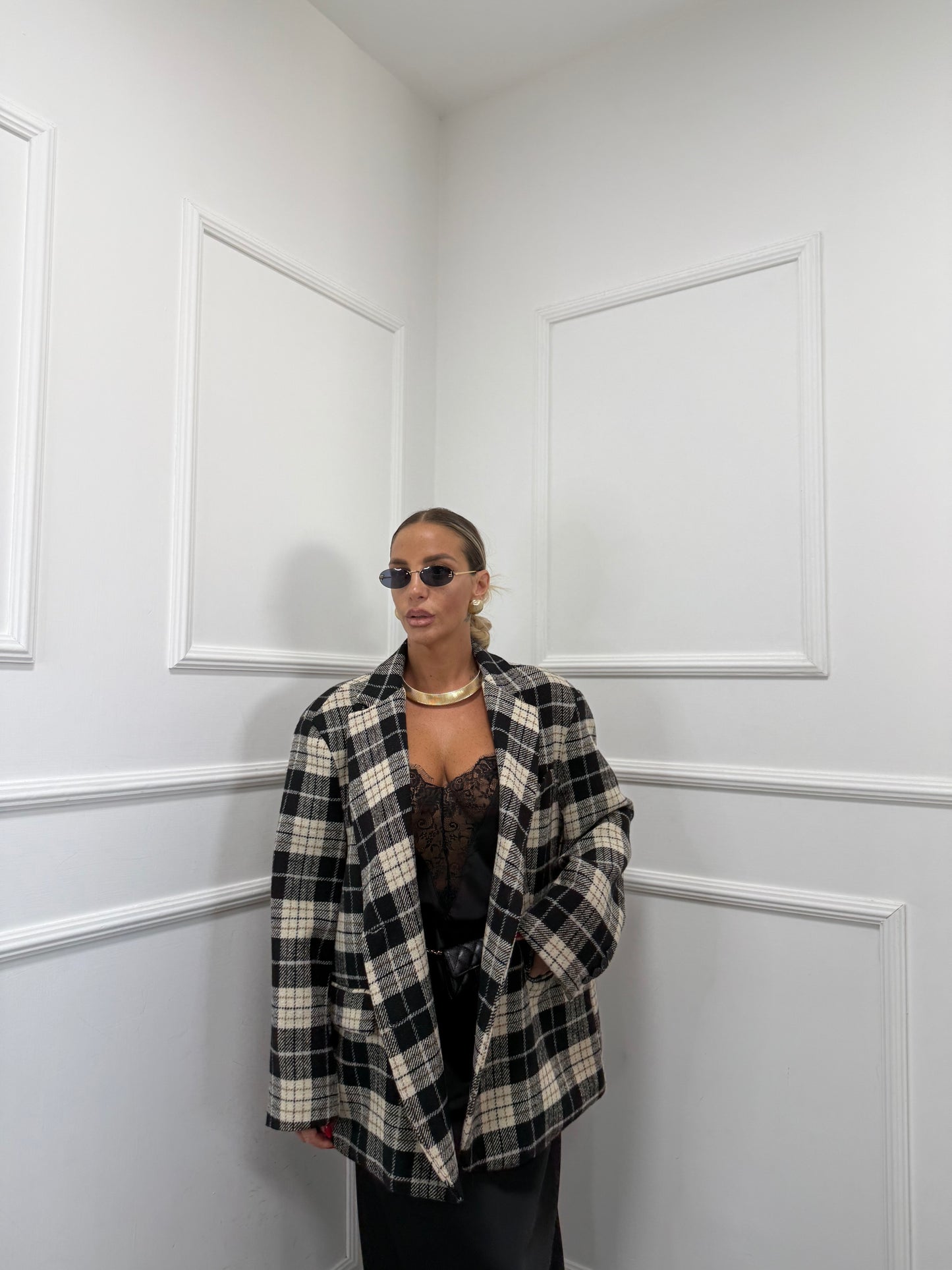 Cappottino in lana cotta a quadri British nero l9308 by lumina