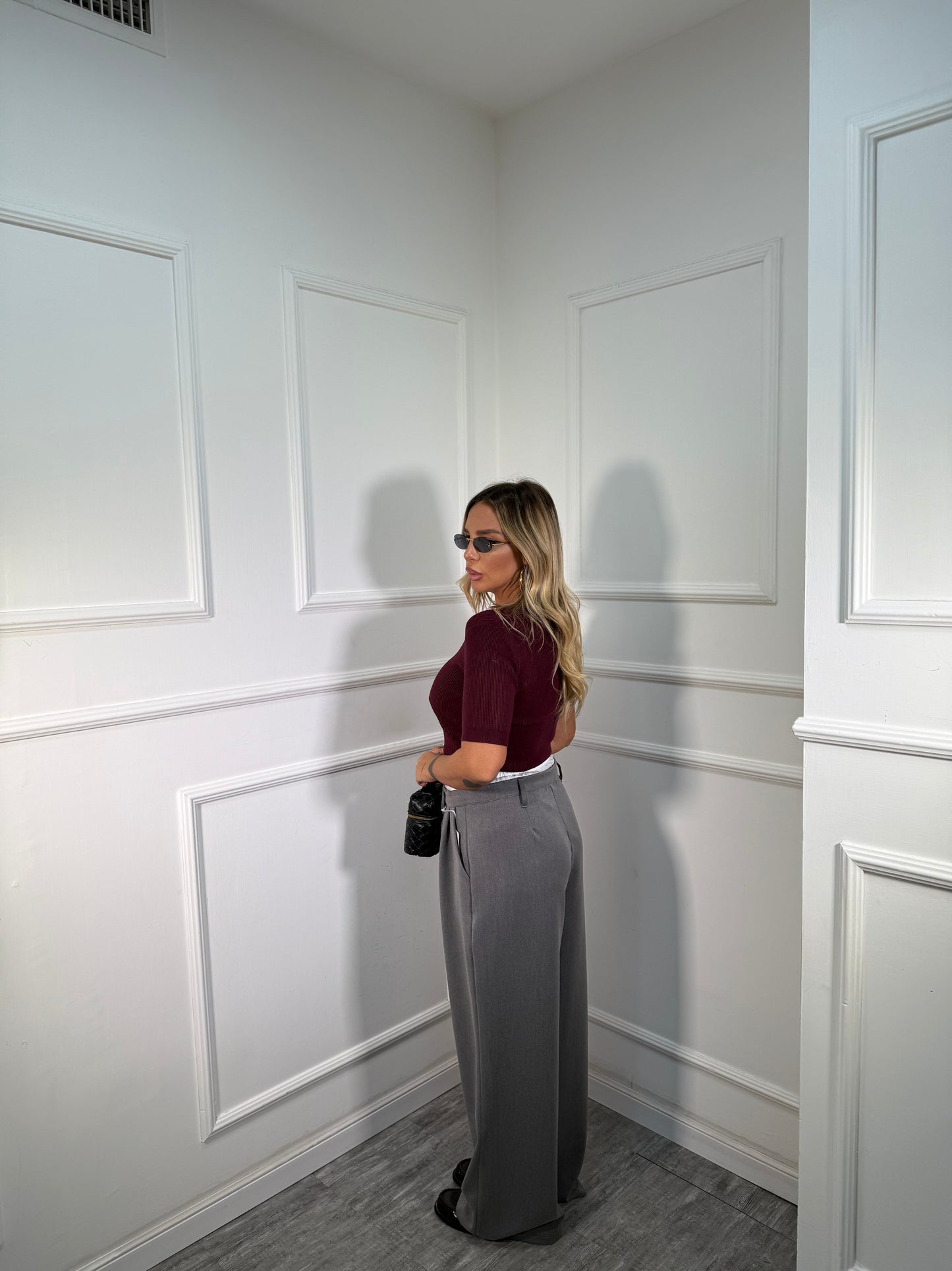 Pantaloni palazzo con doppio bustino elastico grigio m12520