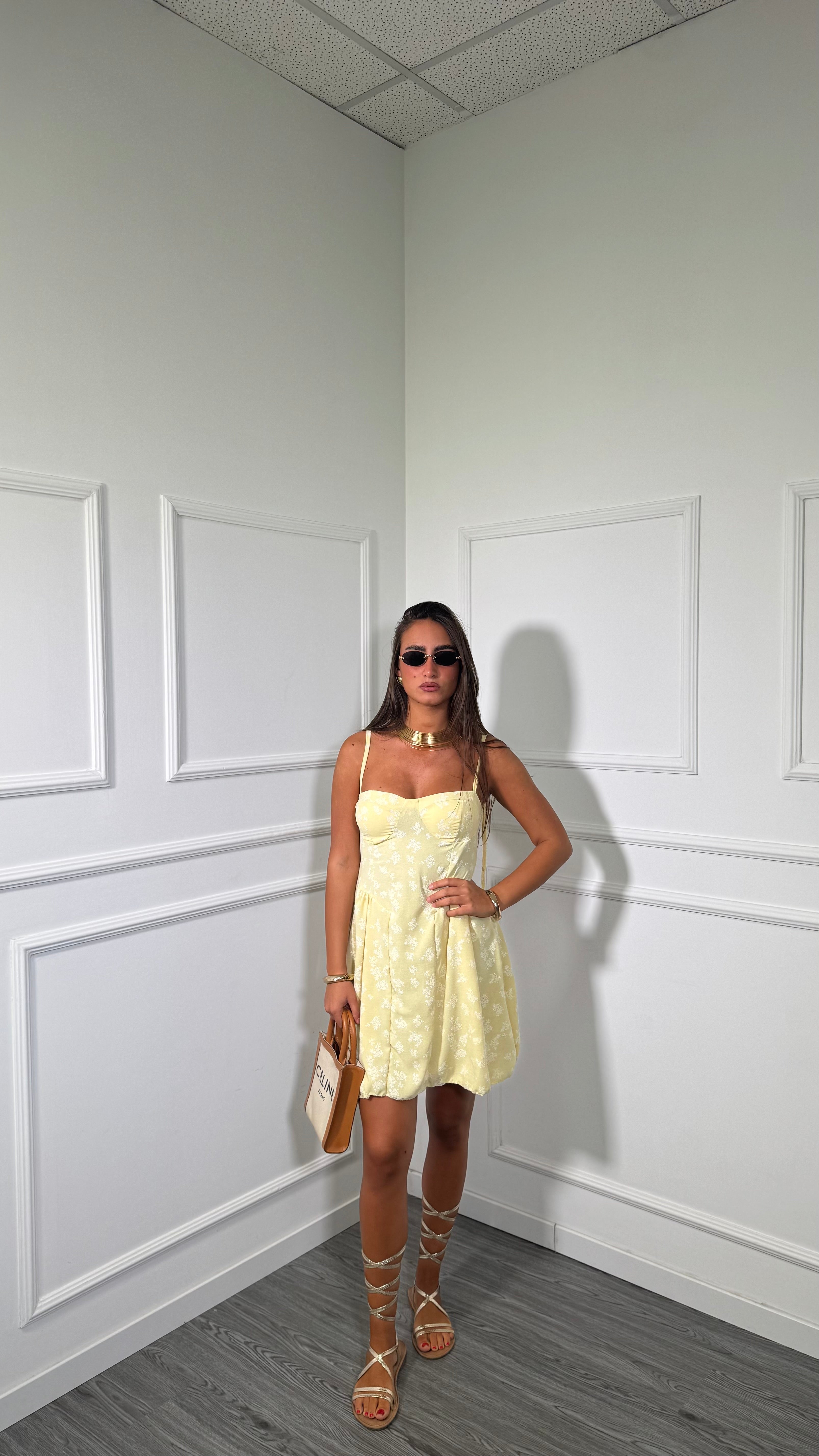 Abito corto con fiorellini Lavinia fondo giallo