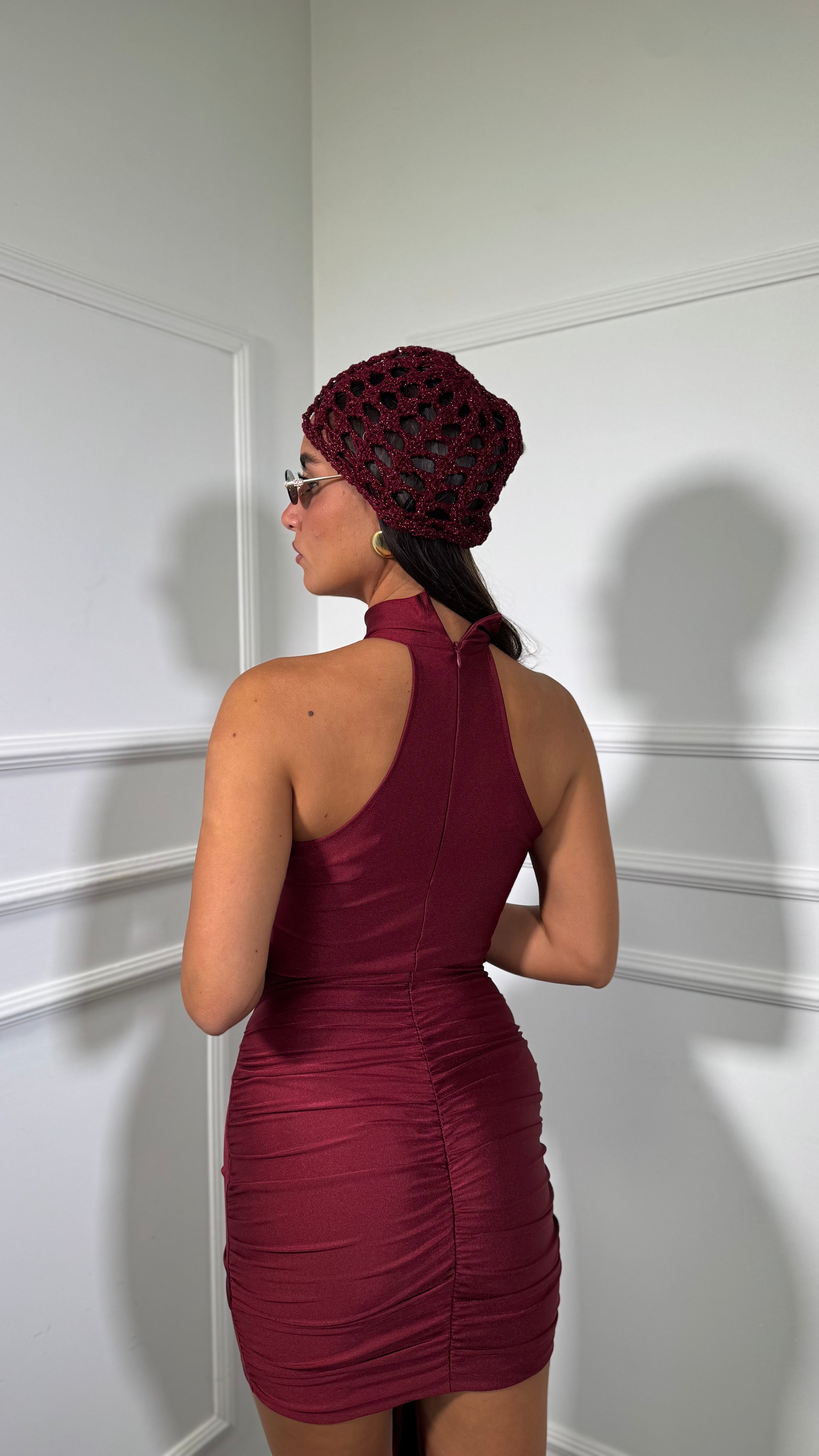 Abito corto in lycra con fusciacca Andromeda bordeaux 25765