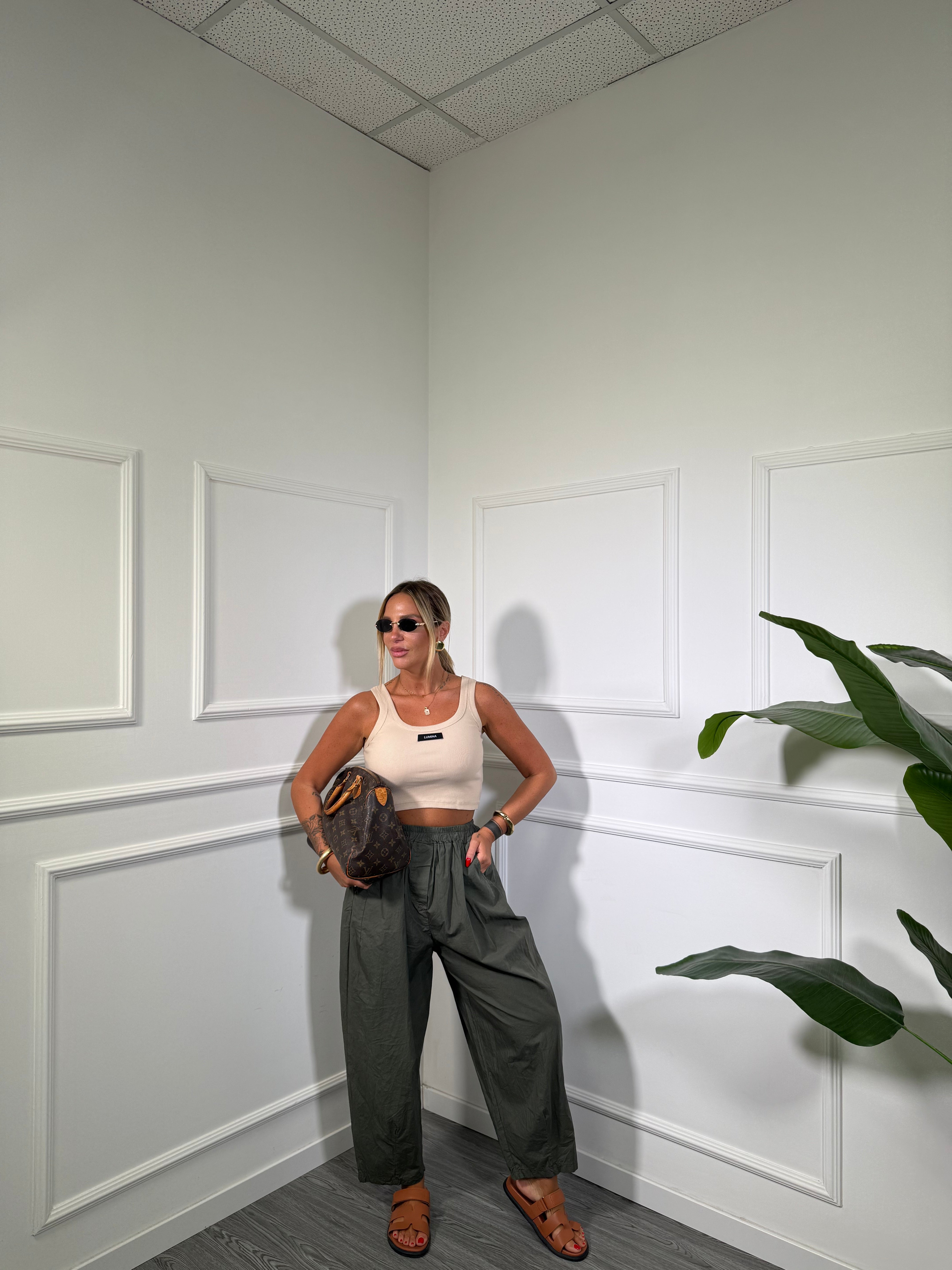 Pantaloni balloon in viscosa 7/8 Free verde militare Kk05837