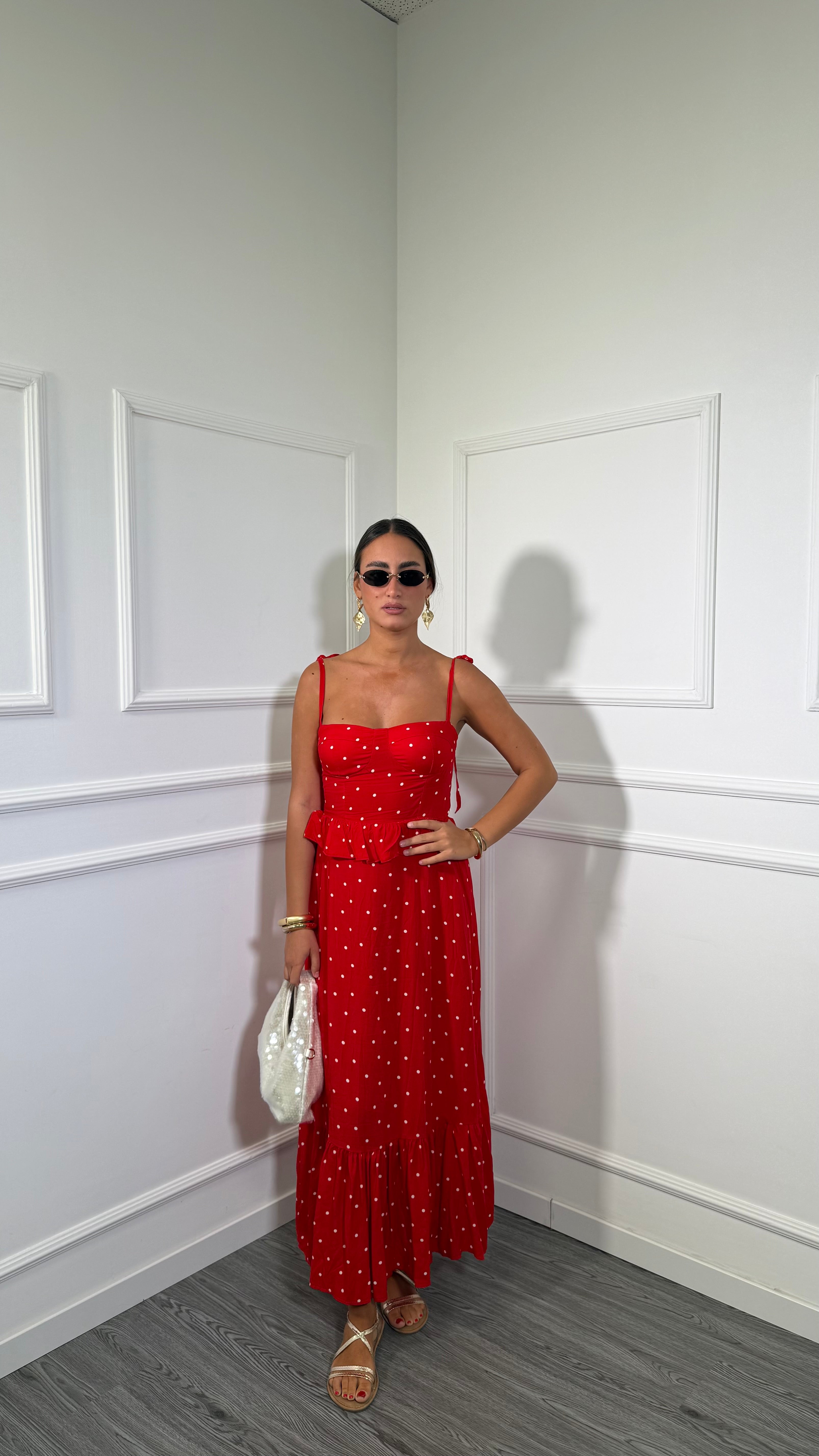 Abito lungo in viscosa a pois Bernadette rosso 708888
