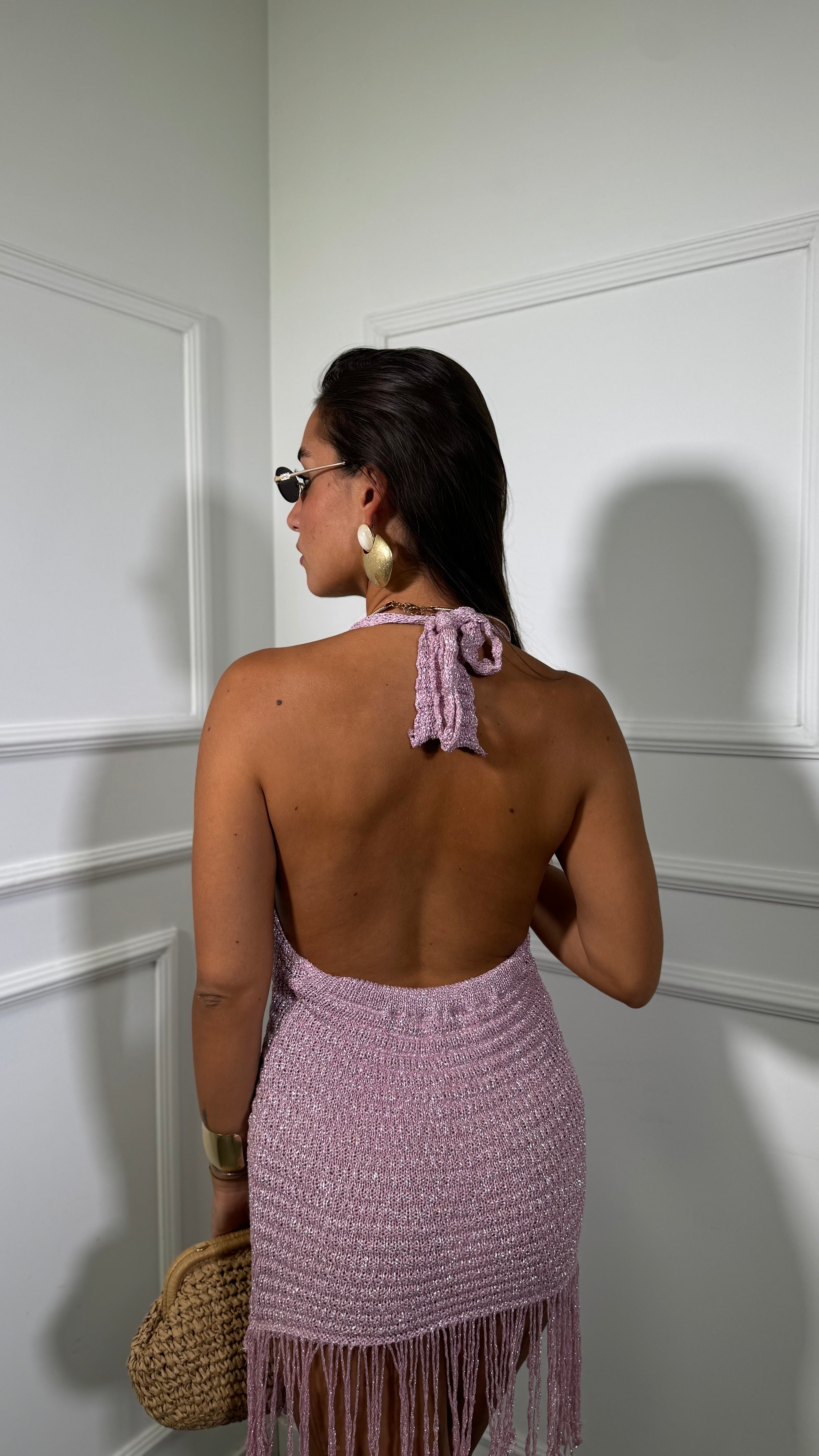 Abito corto in filo lurex con frange Delysia rosa 3783