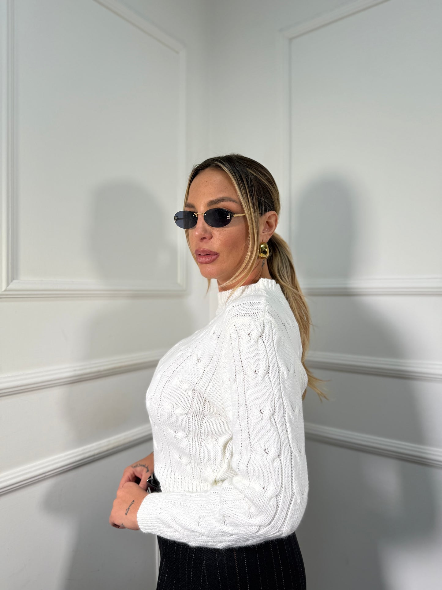 Pullover mezzo collo con trecce bianco 022459