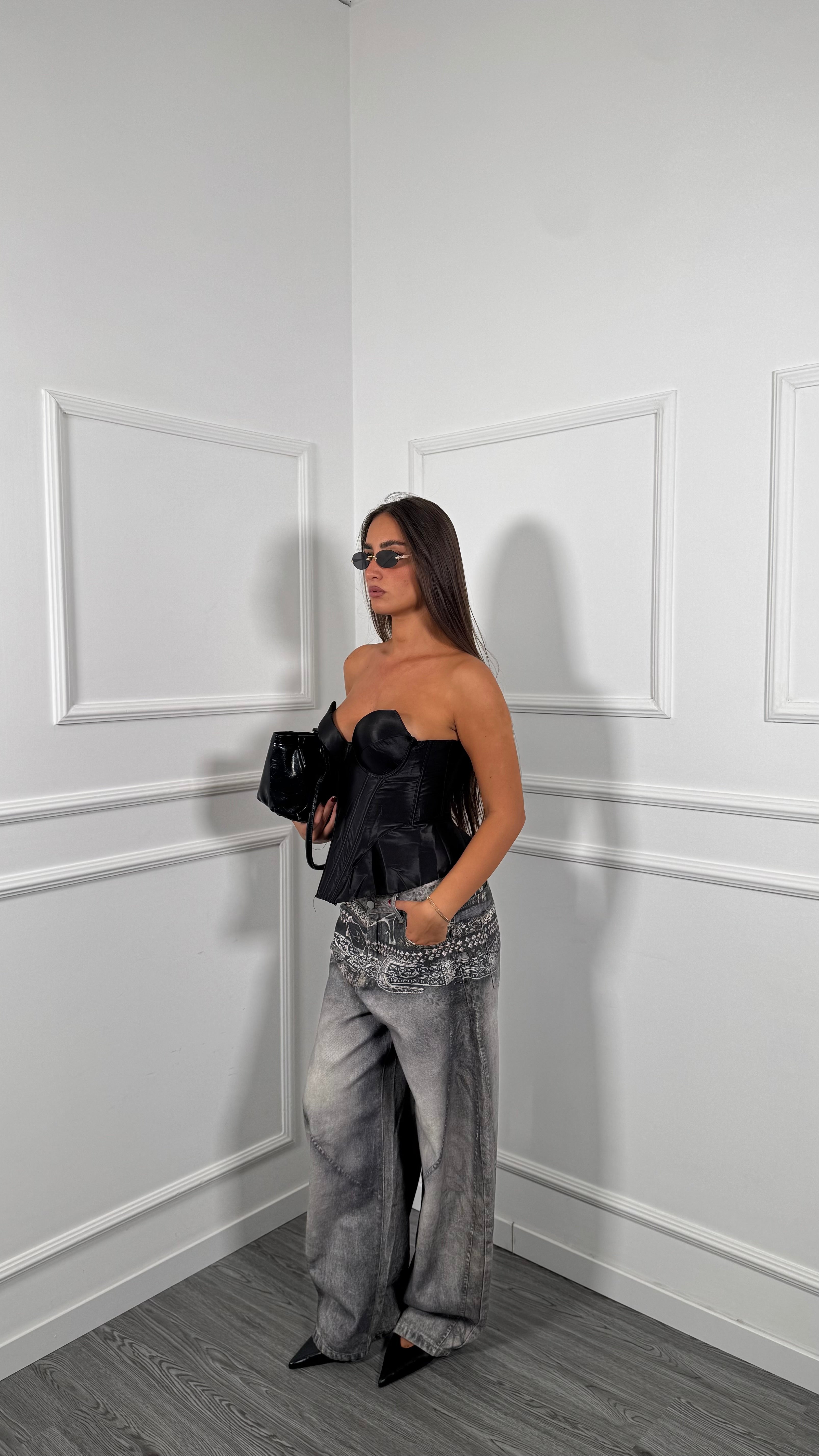Jeans palazzo balloon con stampa grigio 06708