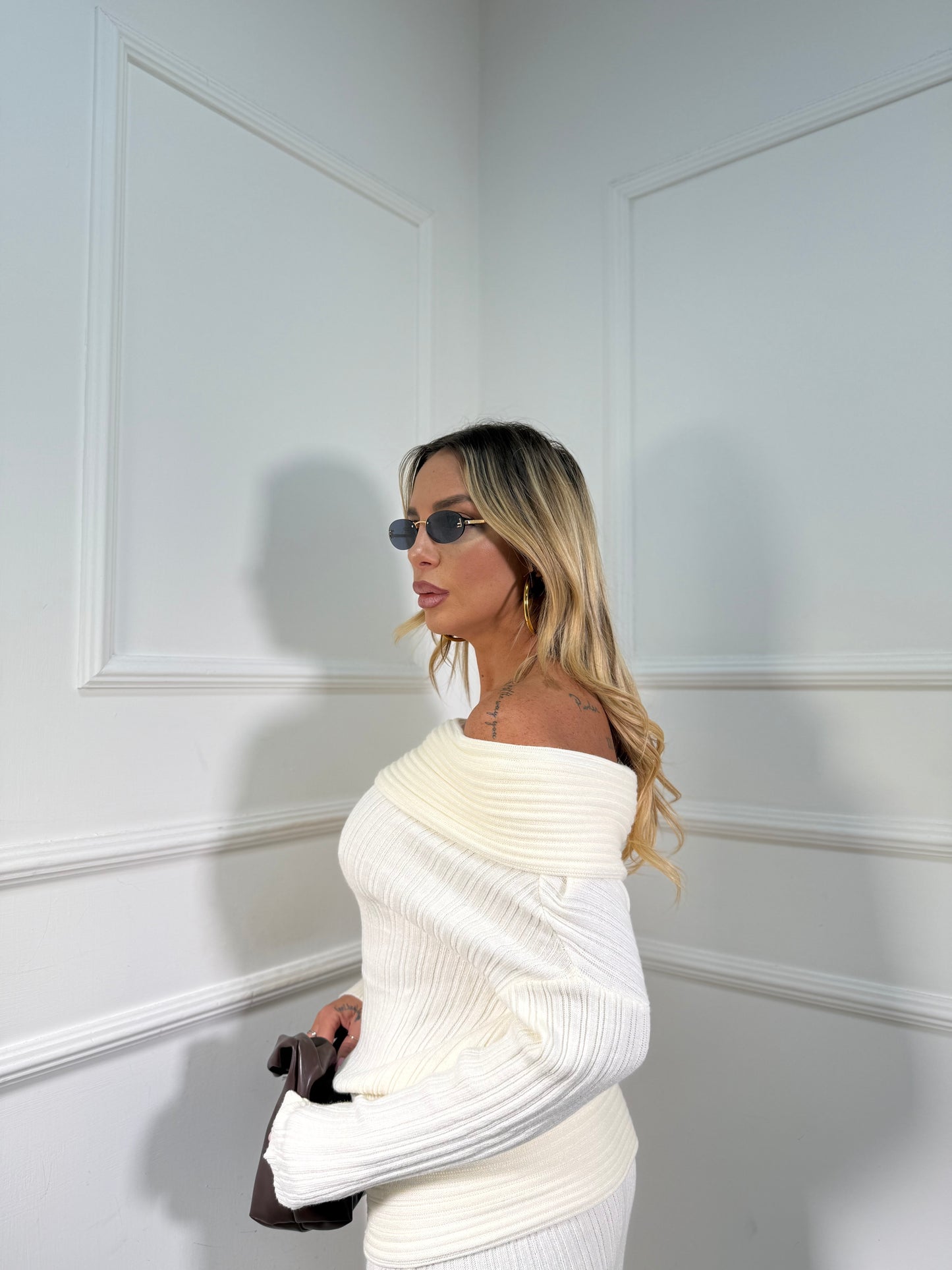 Coordinato a costine scollo a barca Shanty panna g173