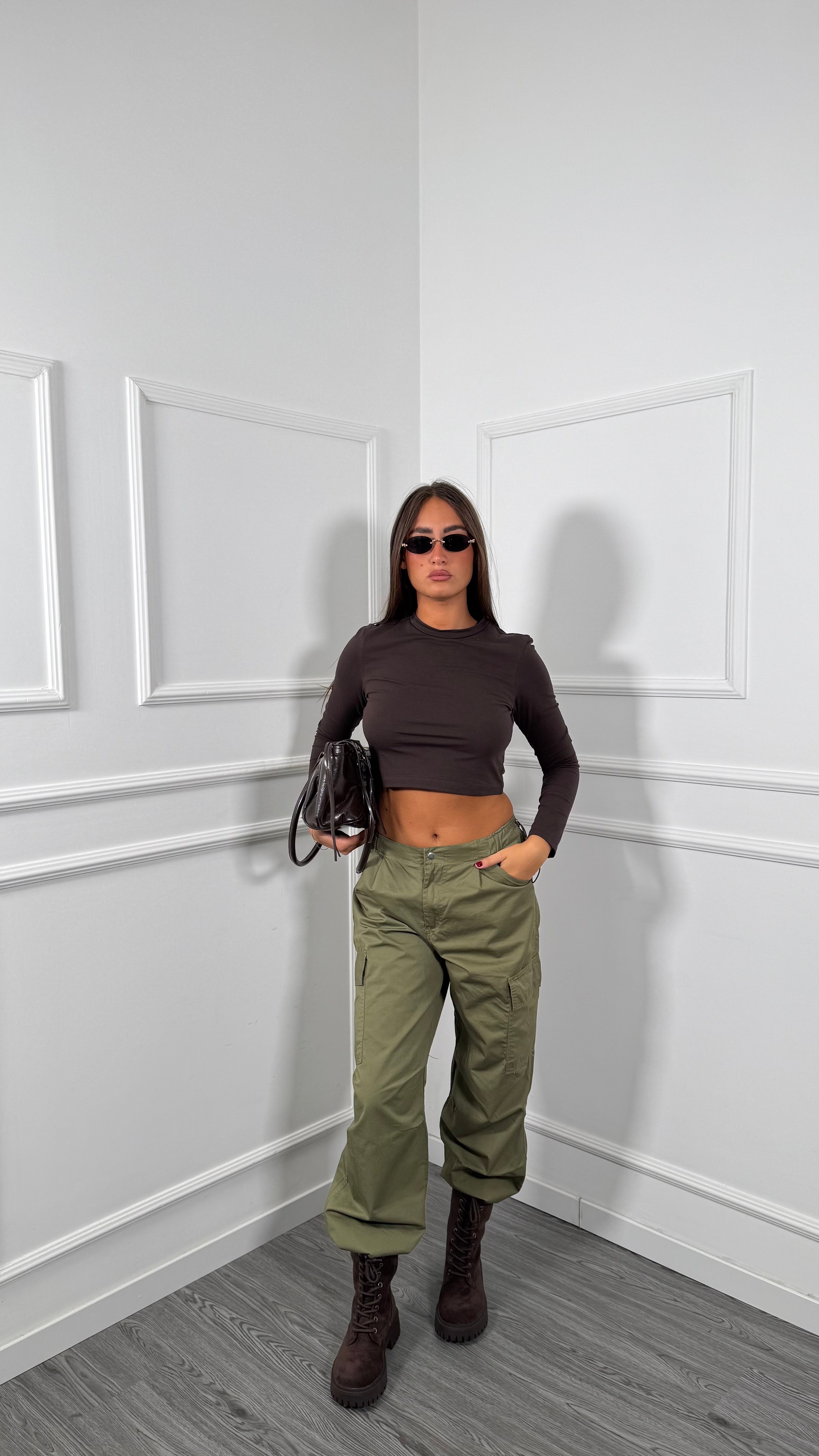 Pantaloni cargo con coulisse verde militare L-3178-3