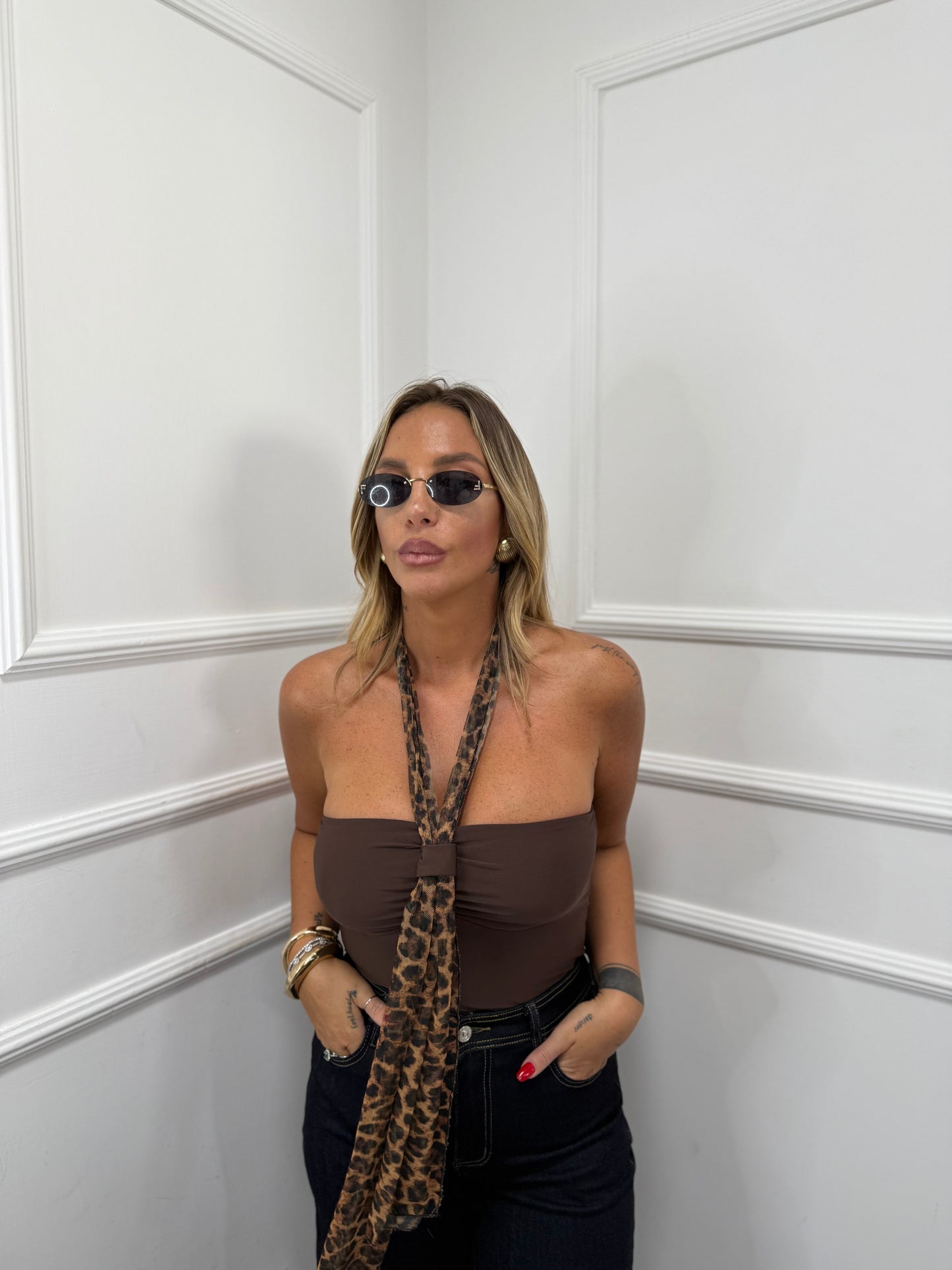 Body con fiocco animalier cioccolato 16387