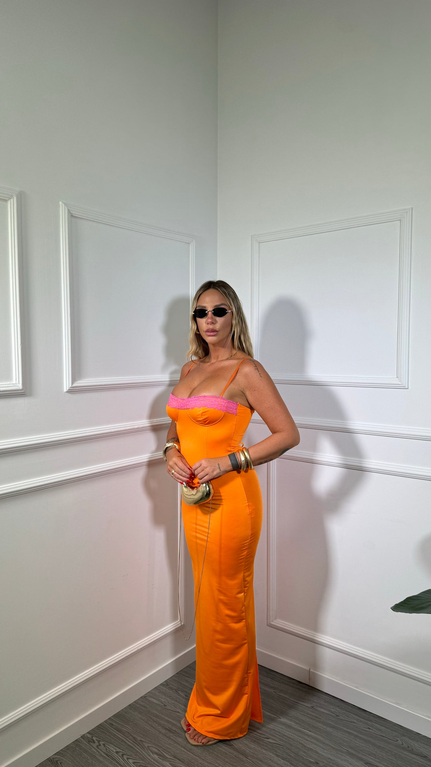 Abito lungo in lycra con pizzo Kendra arancio