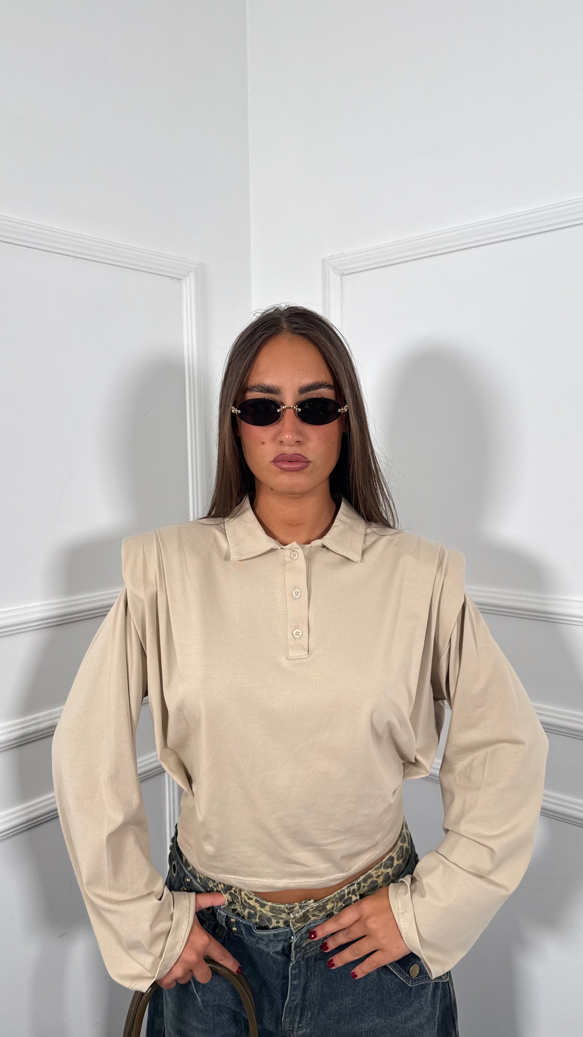 Polo Crop in cotone con spalline by justwest Timoty beige jw1994