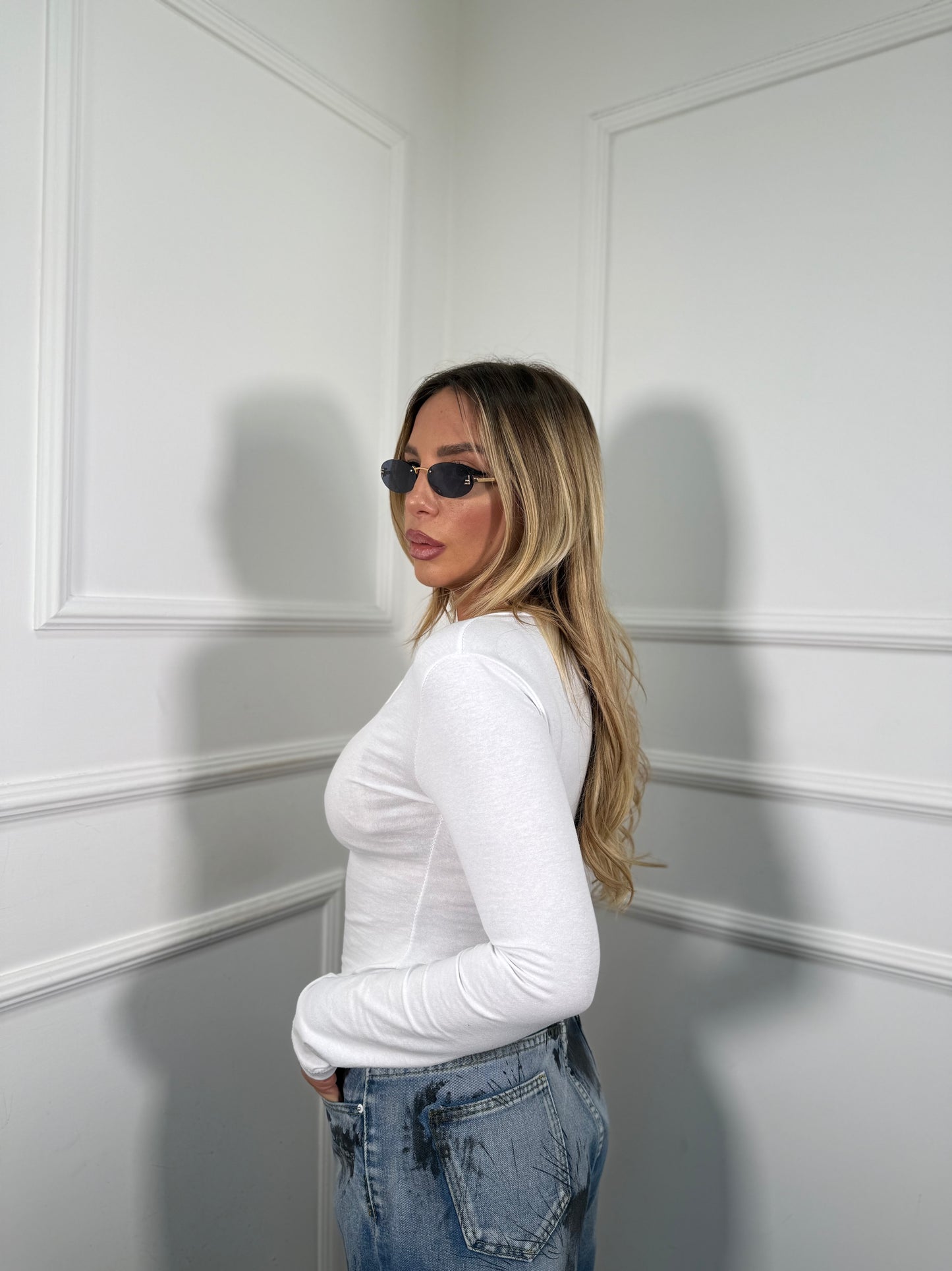 Shirt in cotone scollo a V bianca 5529