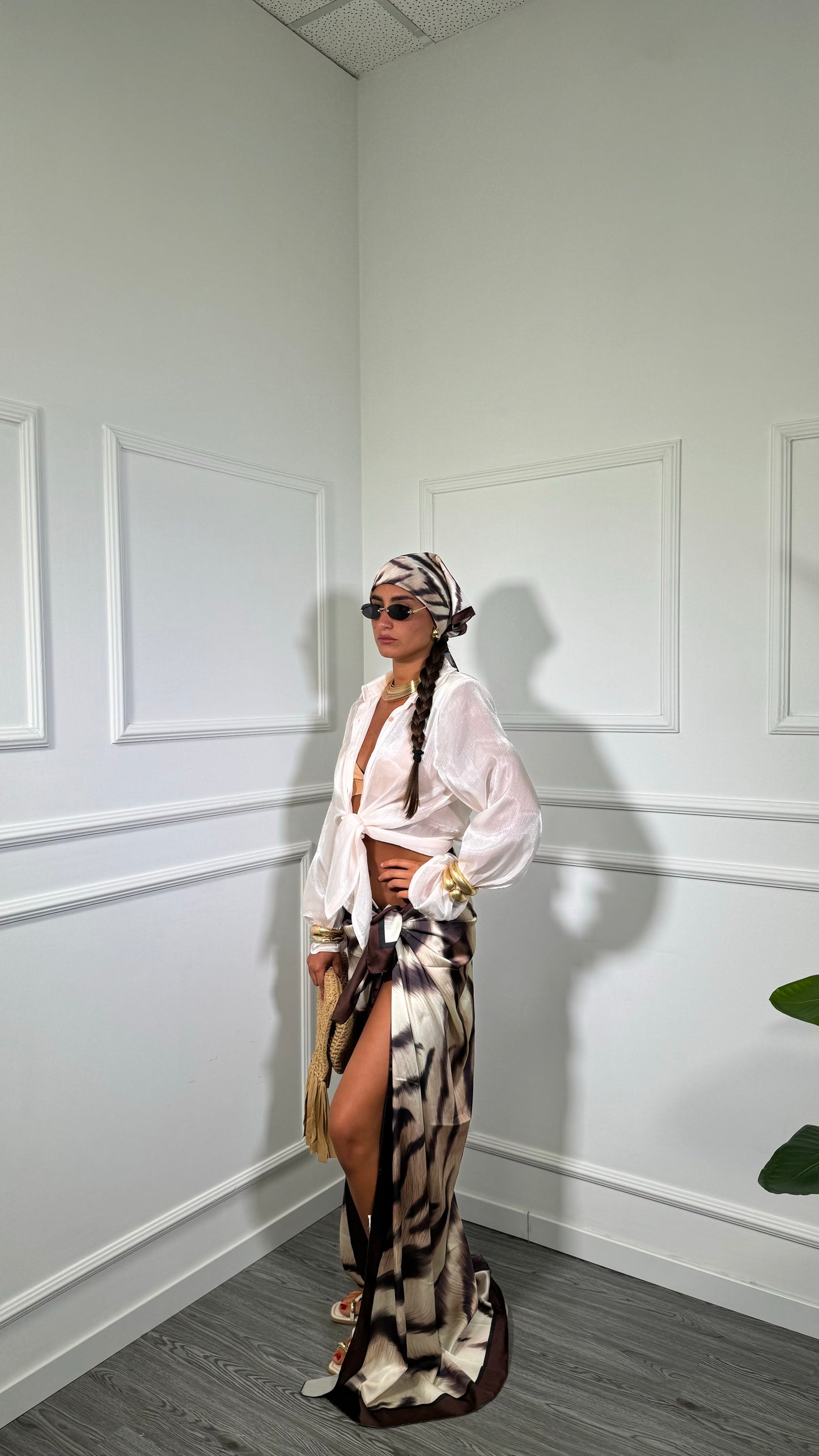 Pareo + bandana in satin zebrata Monte Carlo panna/marrone 37271
