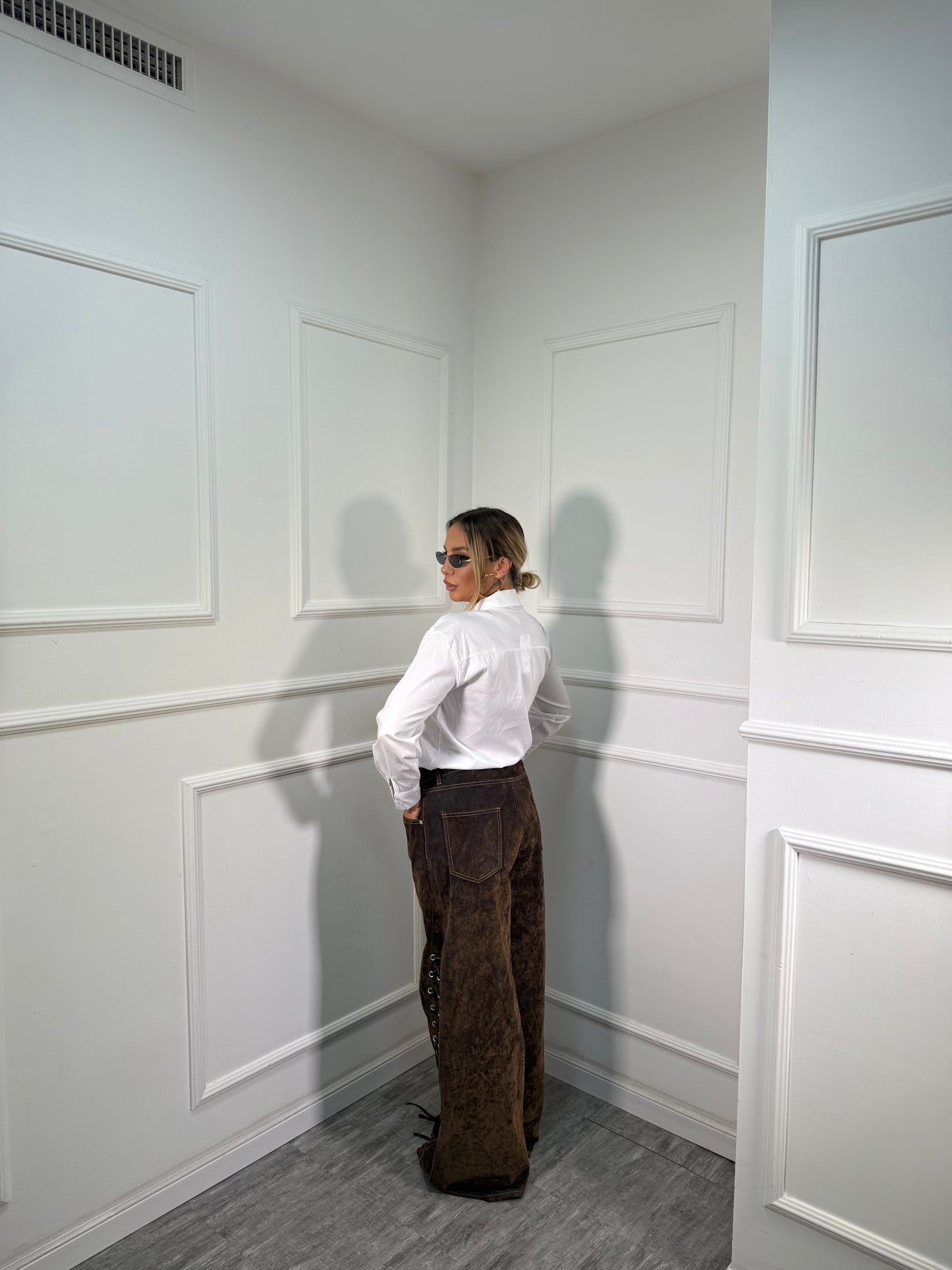 Jeans balloon stringato velluto e denim verde 6633