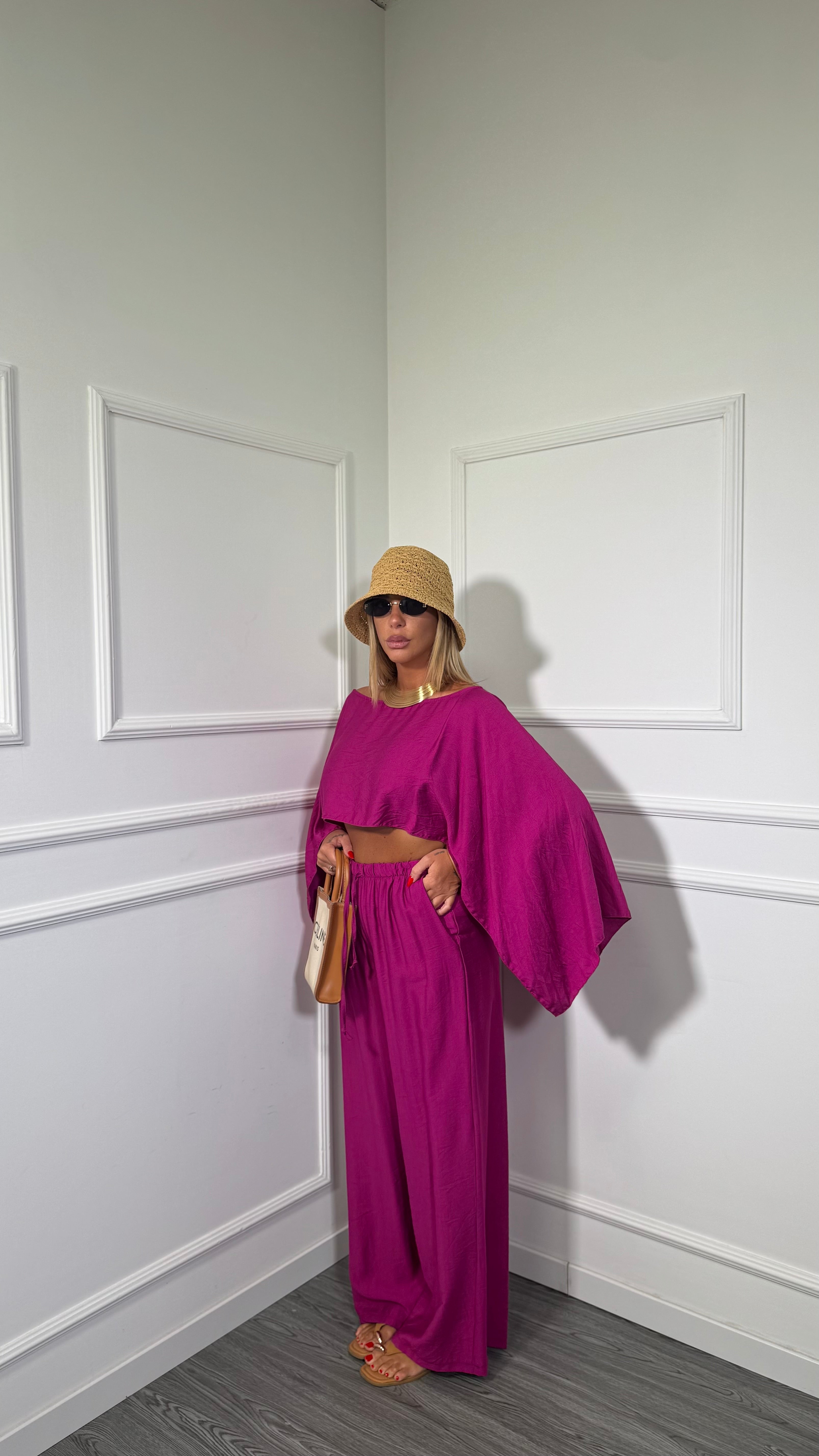 Coordinato in viscosa con top asimmetrico Clodia magenta 7060
