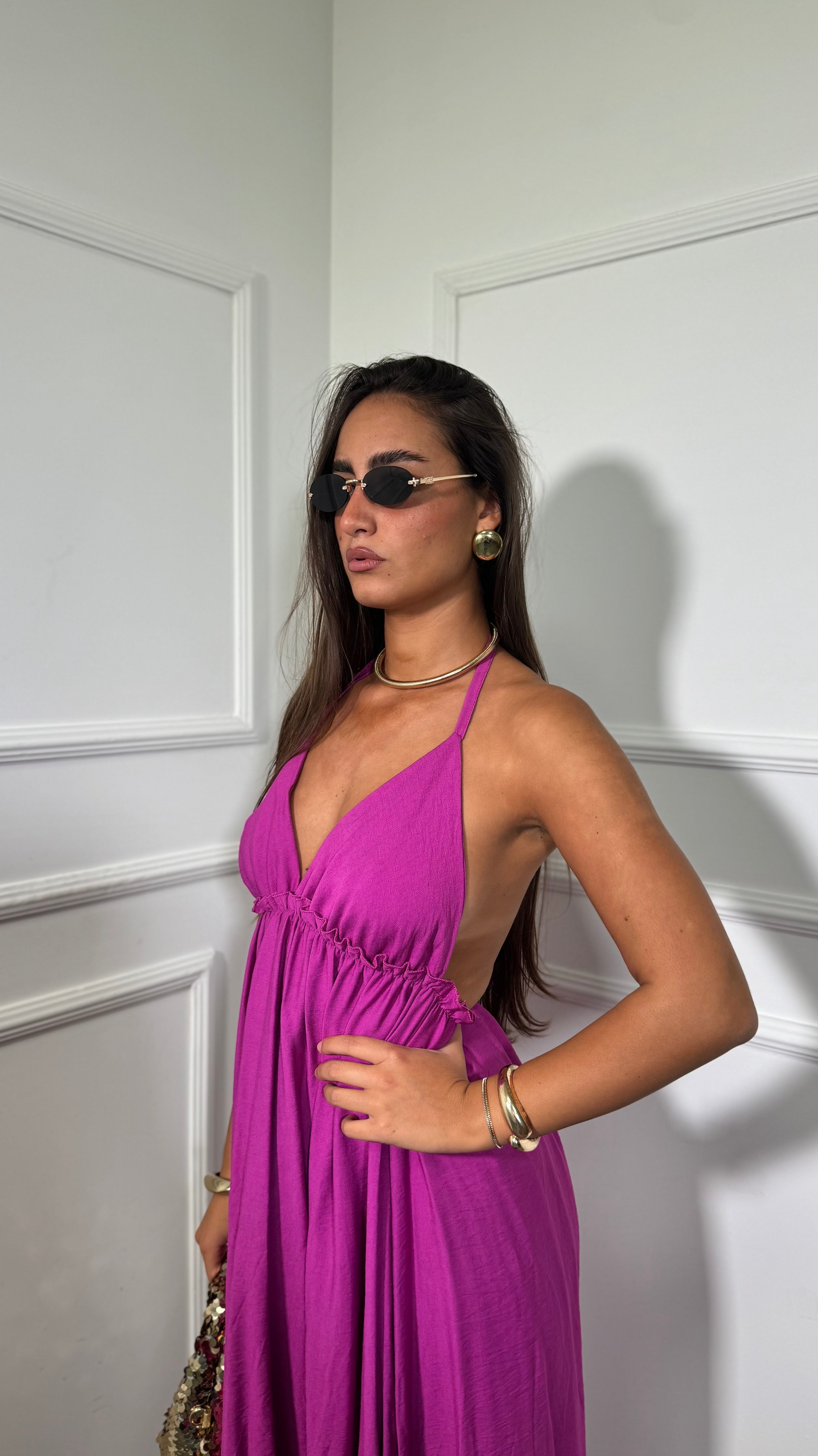 Abito lungo misto lino scollato sul retro Scraio magenta 66609