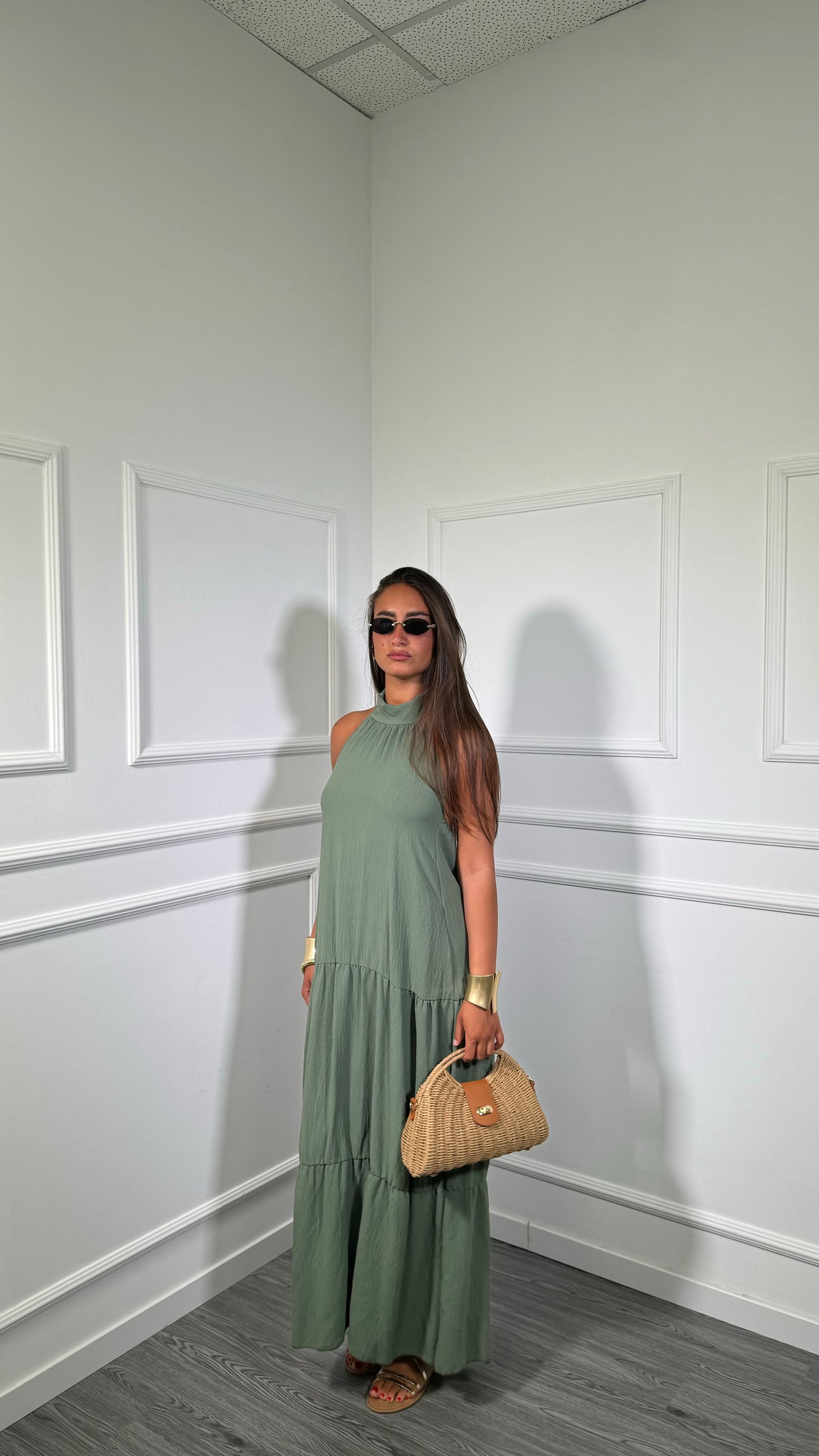 Abito midi con balze Desy verde militare