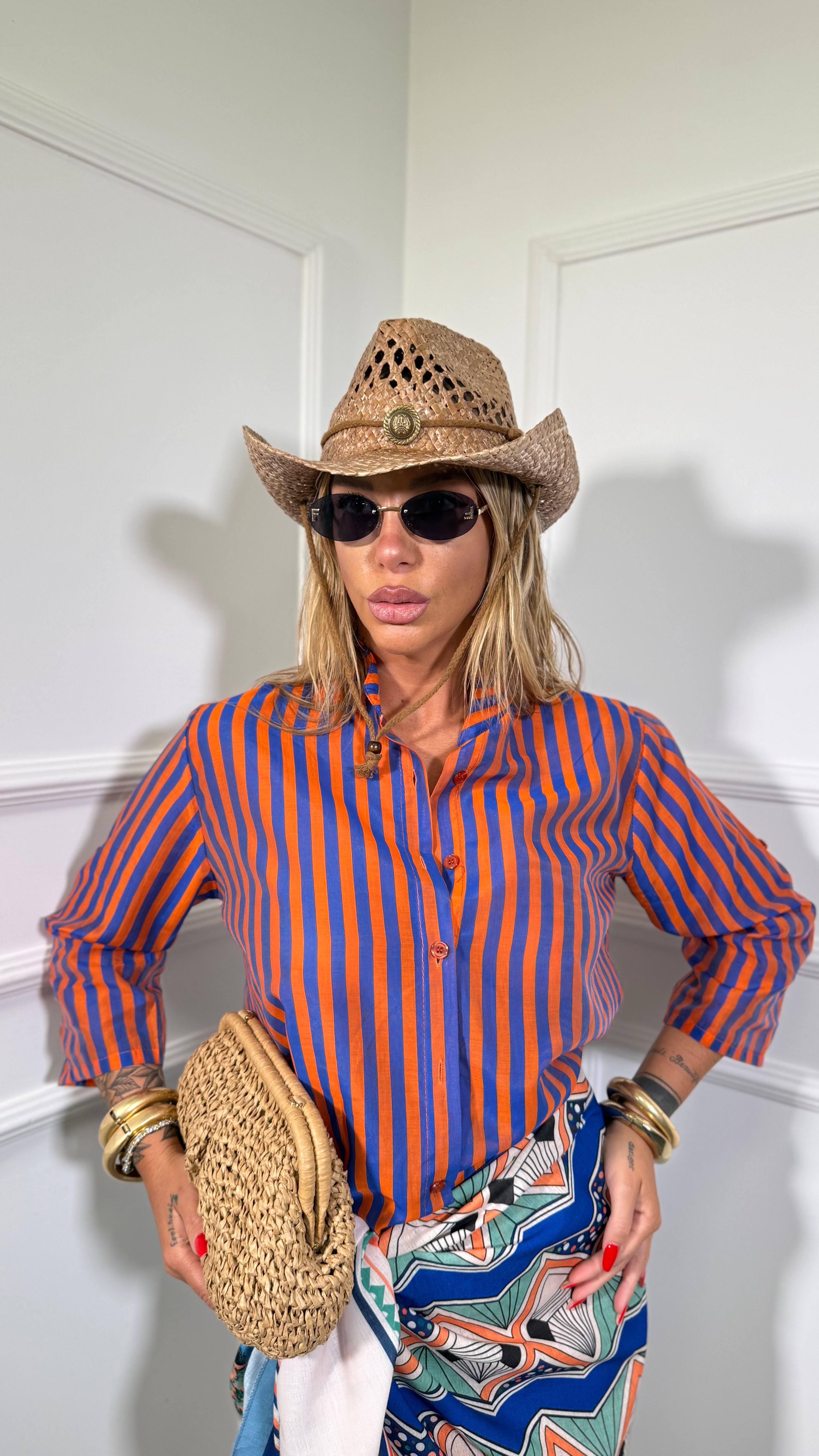 Camicia a righe semi velata collo coreana Iconic blu /arancio 20392