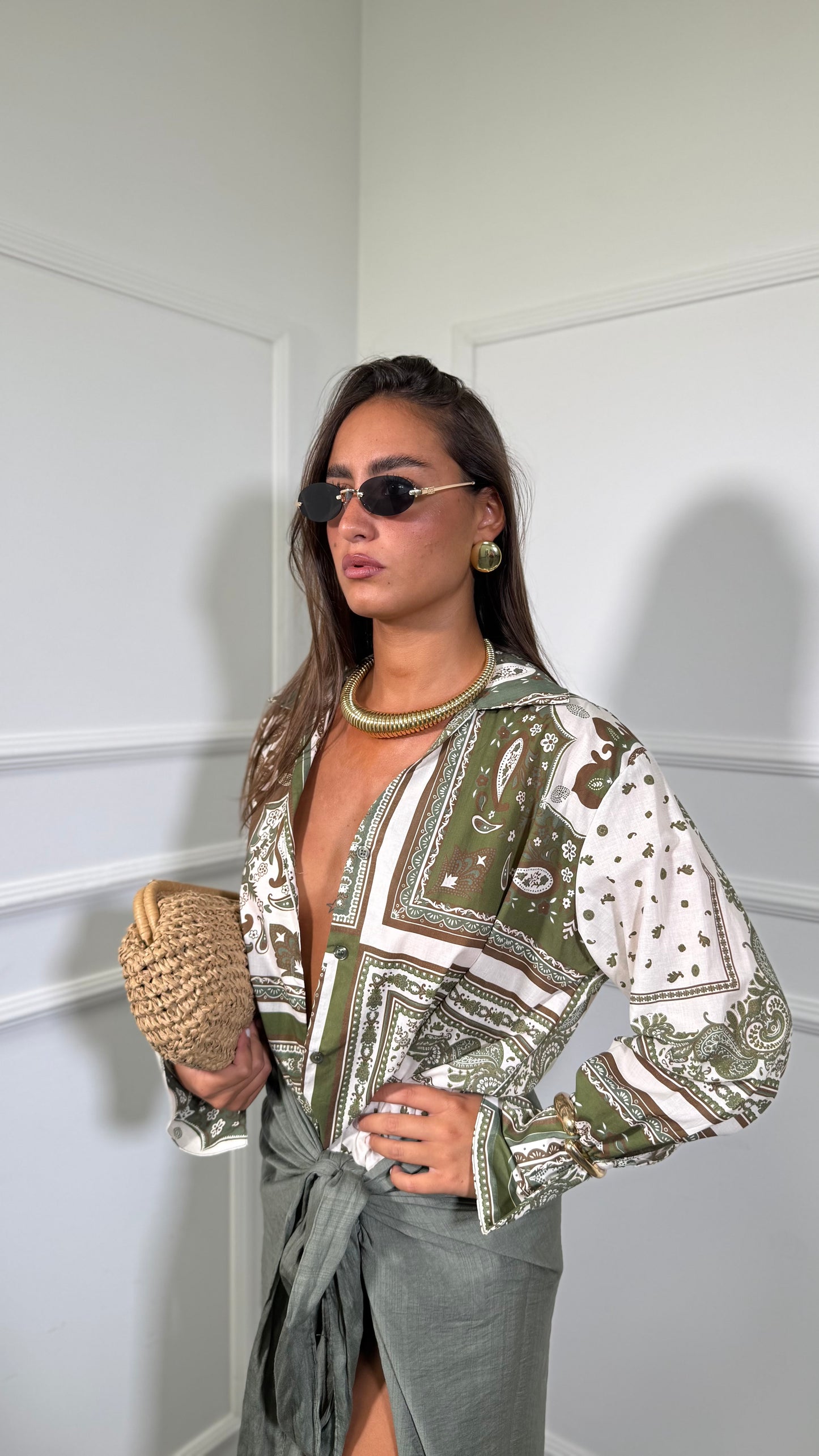Camicia in cotone Etnic verde militare c81558