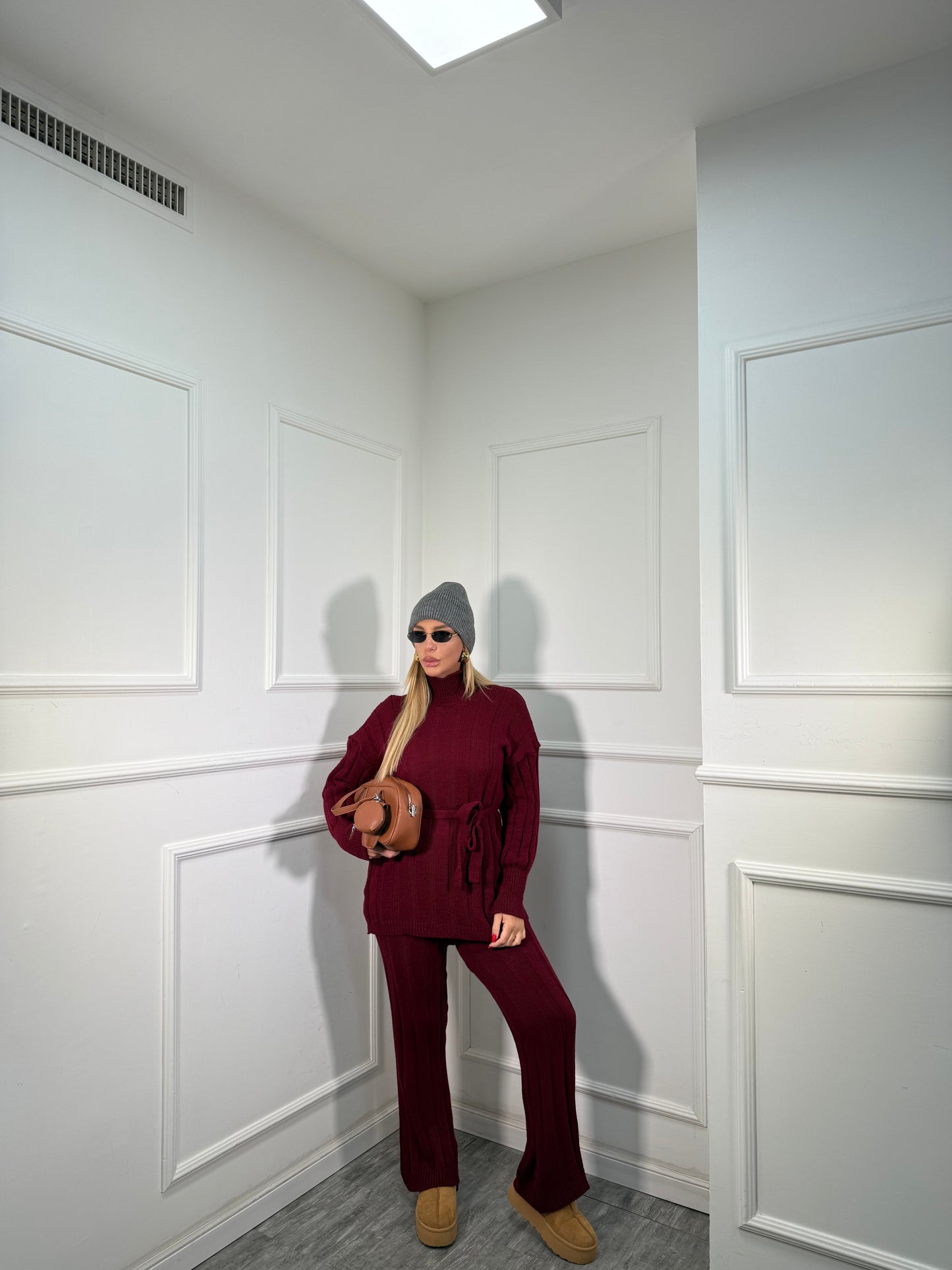 Coordinato in maglia a coste December bordeaux 228000