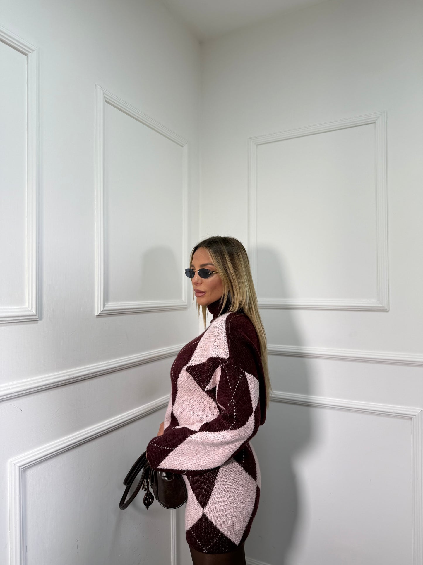 Coordinato rombi in misto lana Ginger bordeaux/rosa 3960