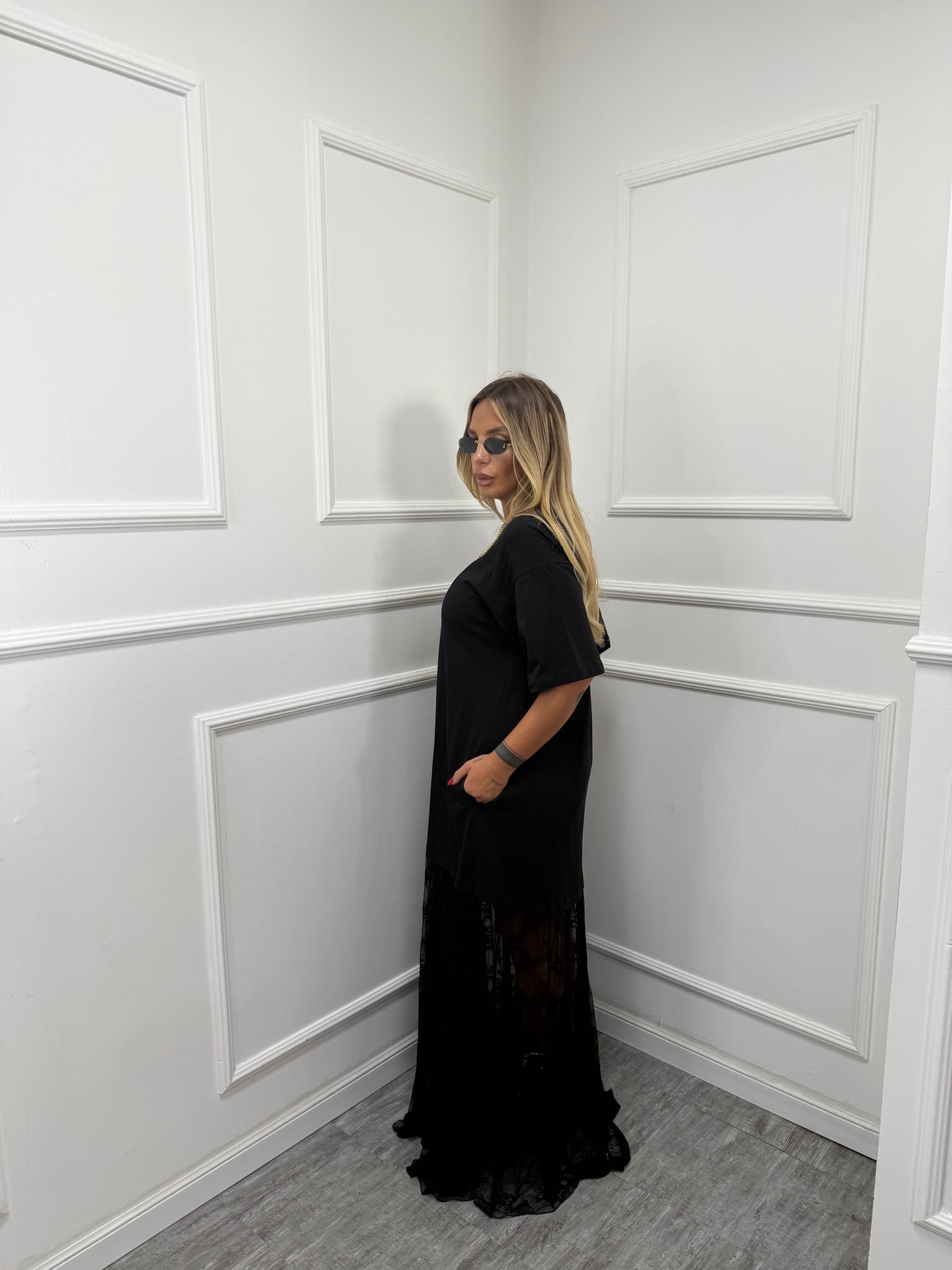 Maxi abito in pizzo Dakota nero ld3443 by lumina