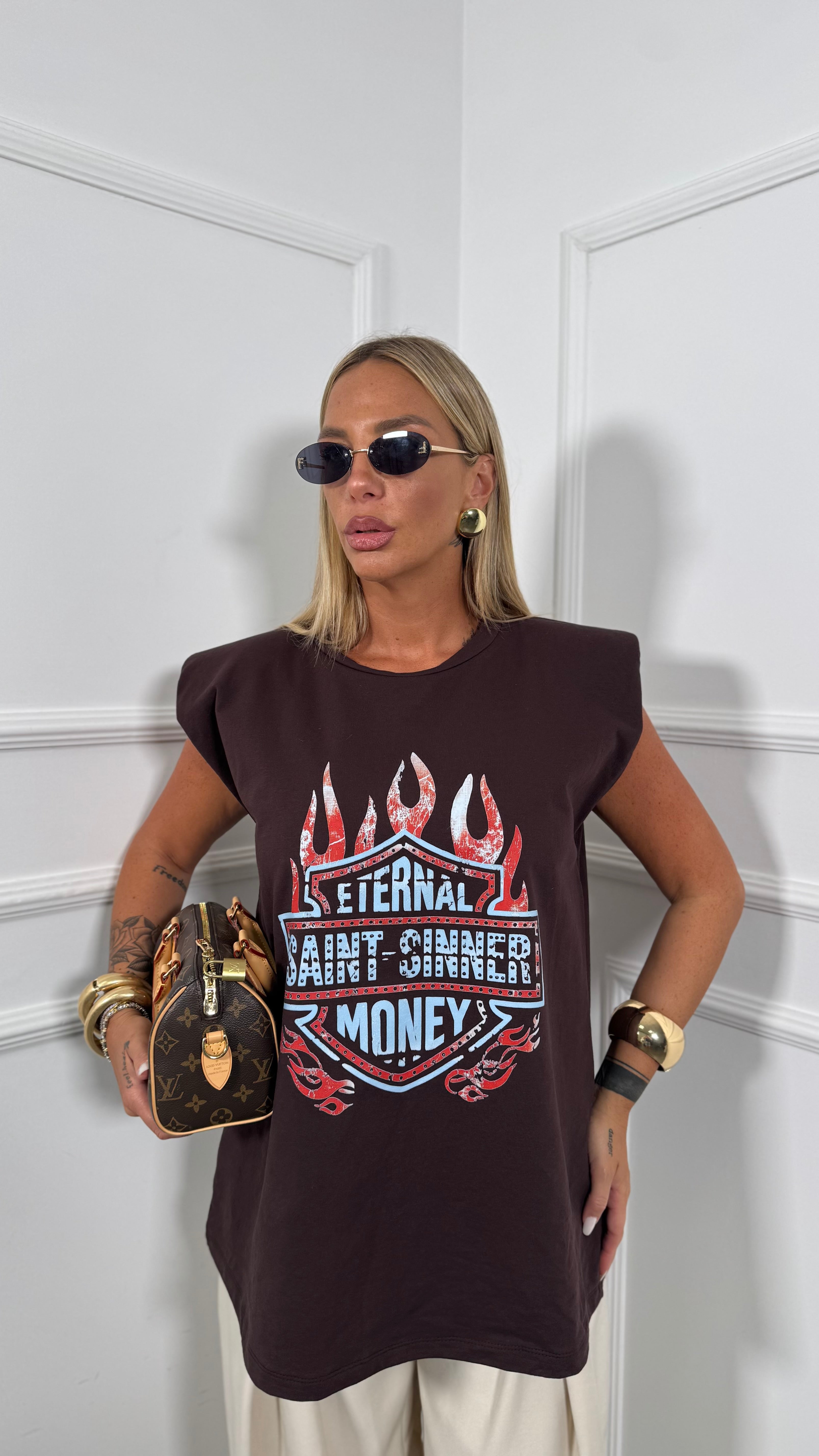Felpa giromanica oversize con spalline Saint Sinner marrone 99100