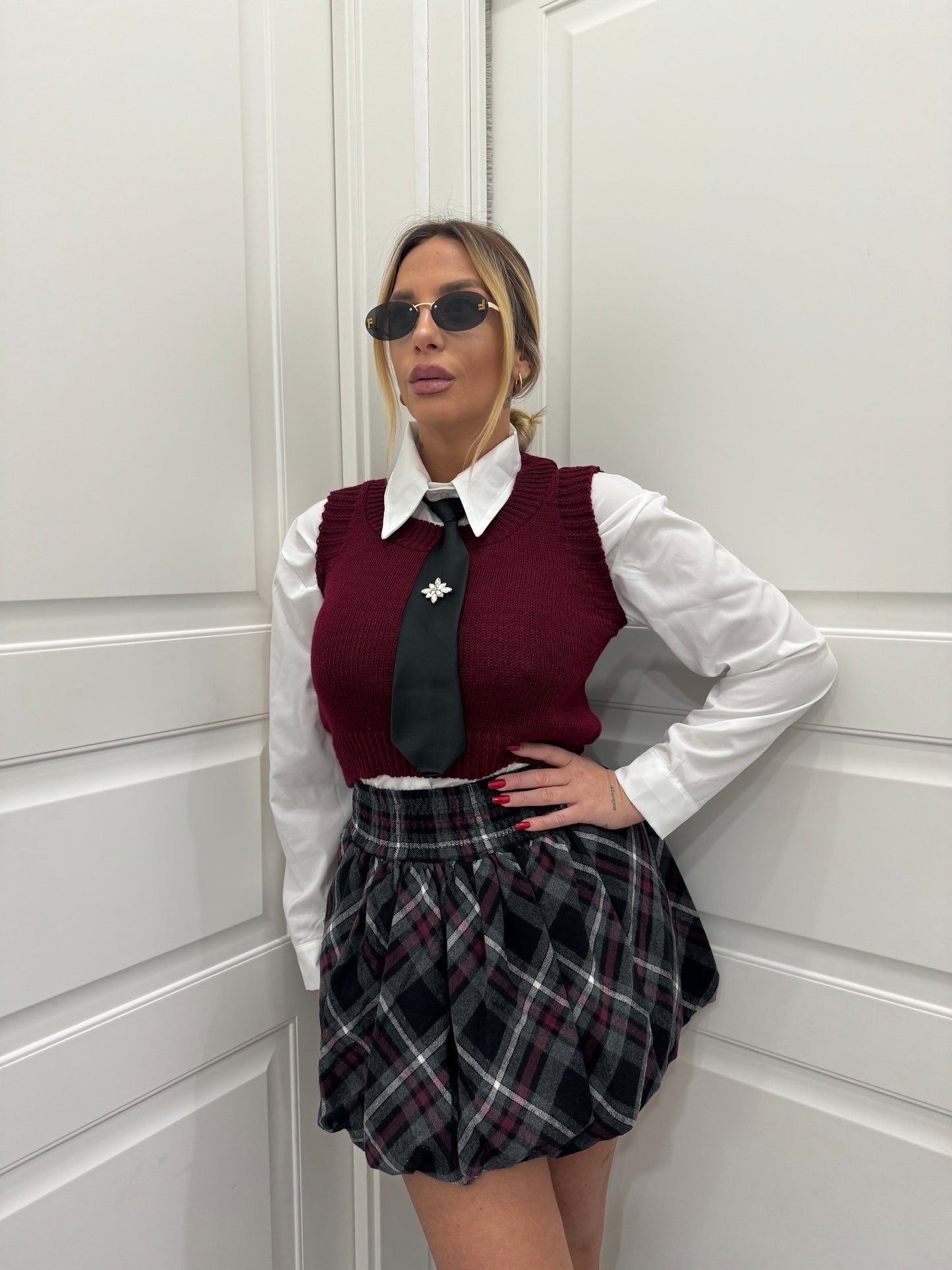 Gonna Scozia balloon in grigio e bordeaux