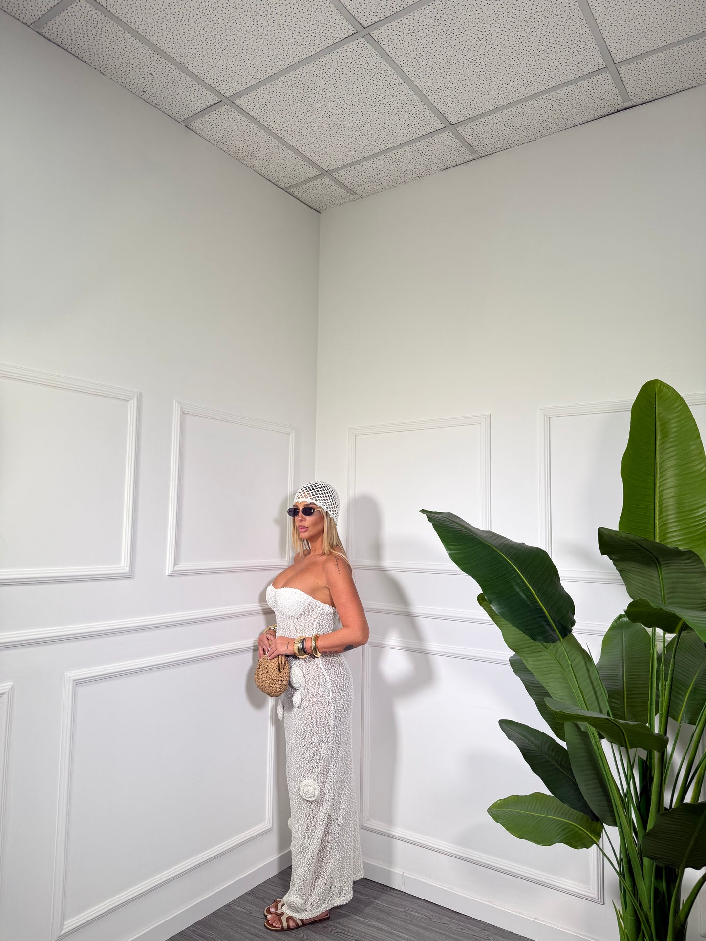 Abito midi a fascia con rose traforato Lost Paradise bianco 50202