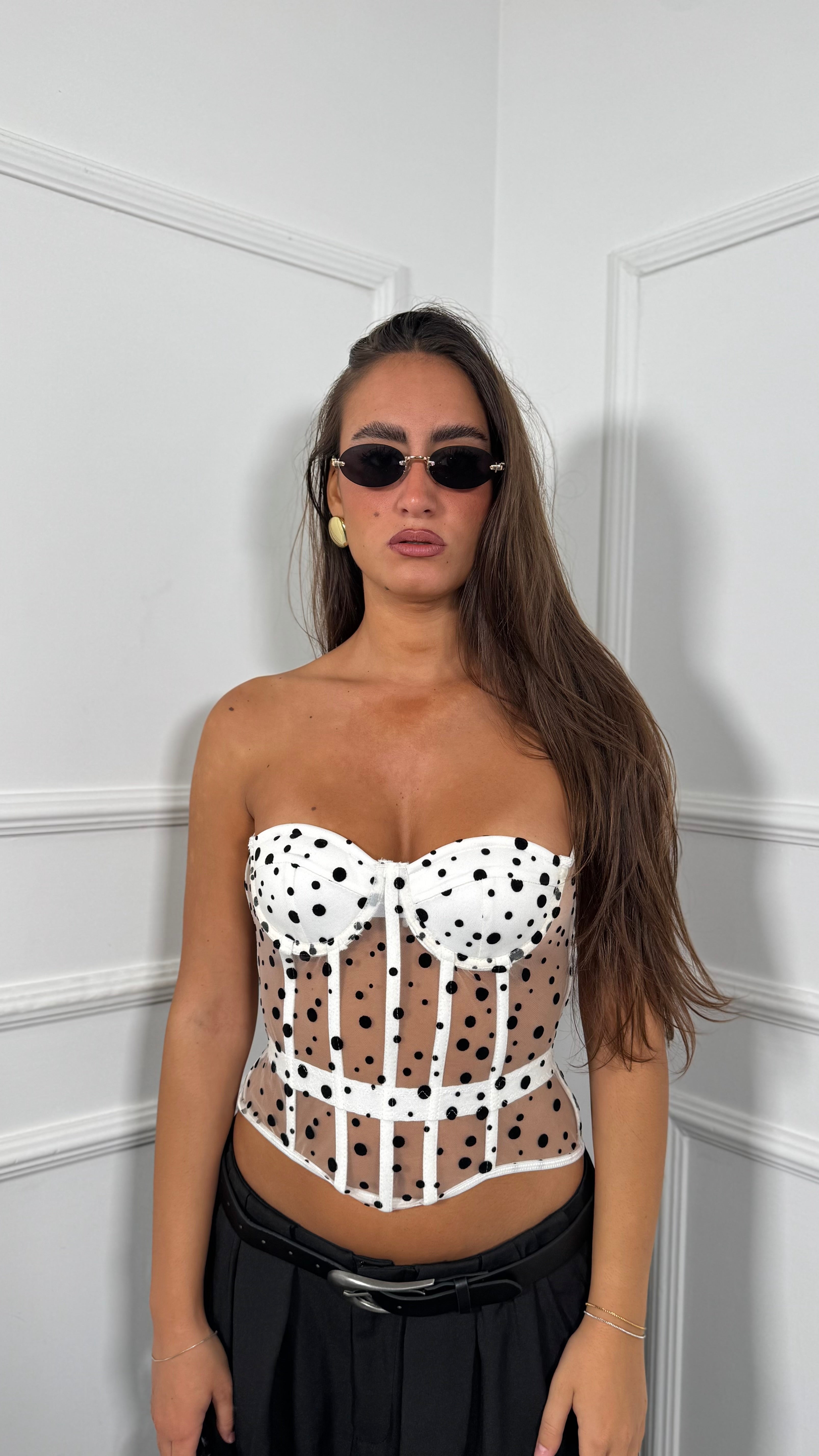 Bustino steccato velato con pois fondo bianco 8006