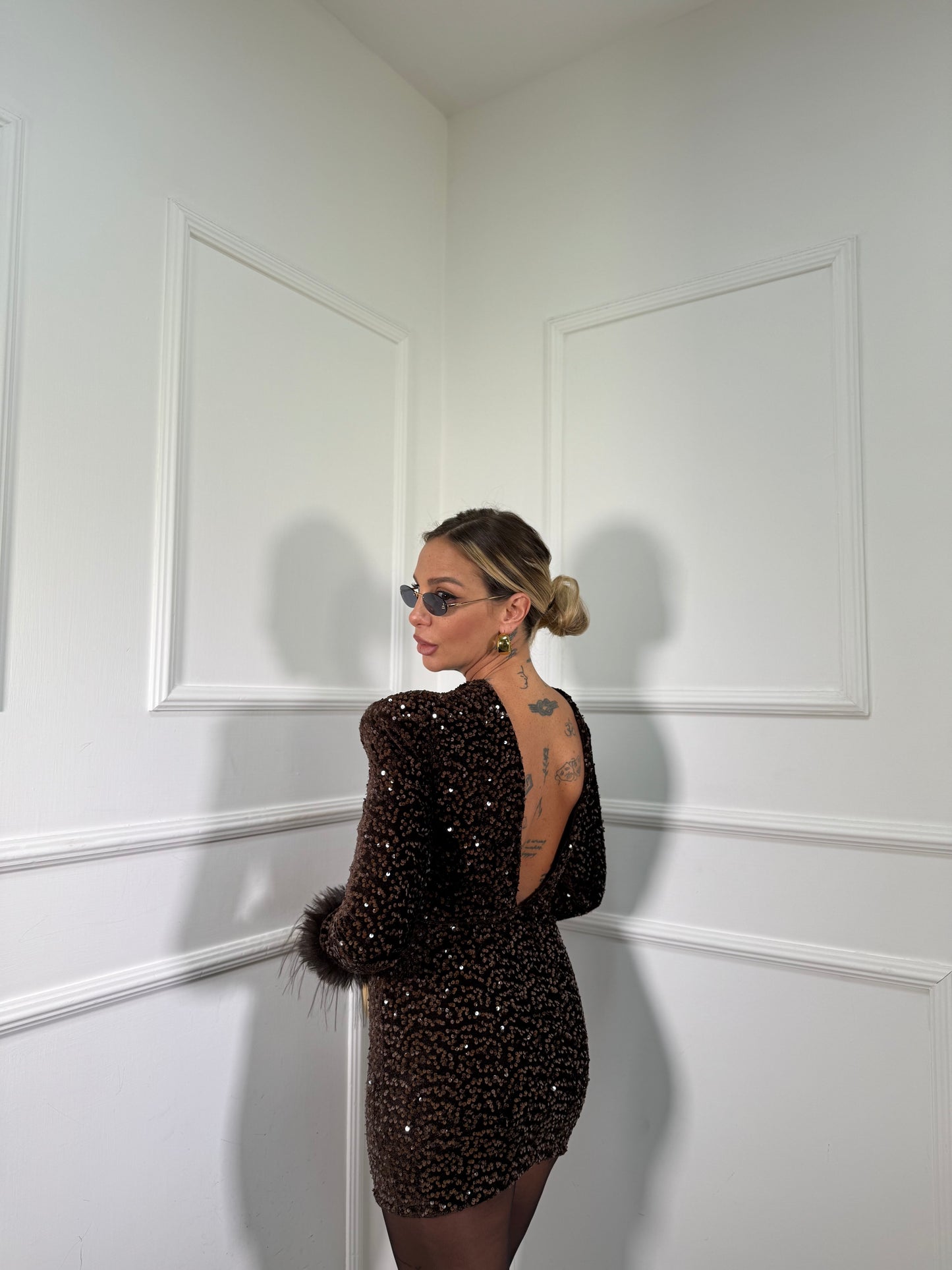 Abito in velluto e micro paillettes Shirley cioccolato 27383