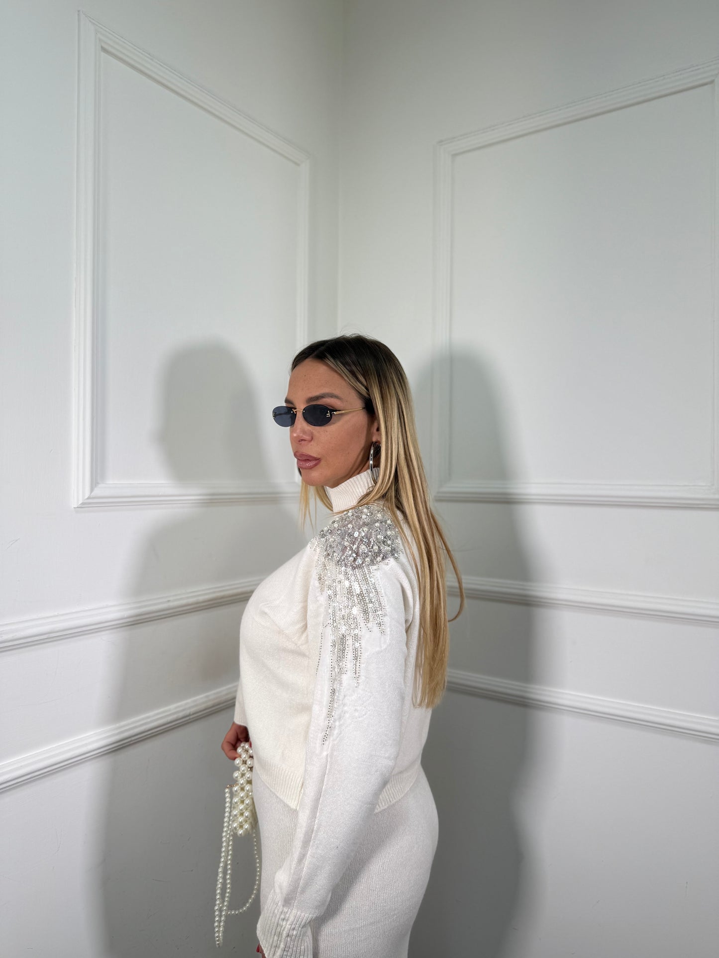 Coordinato midi in lana rasata con Swarovski bianco g105