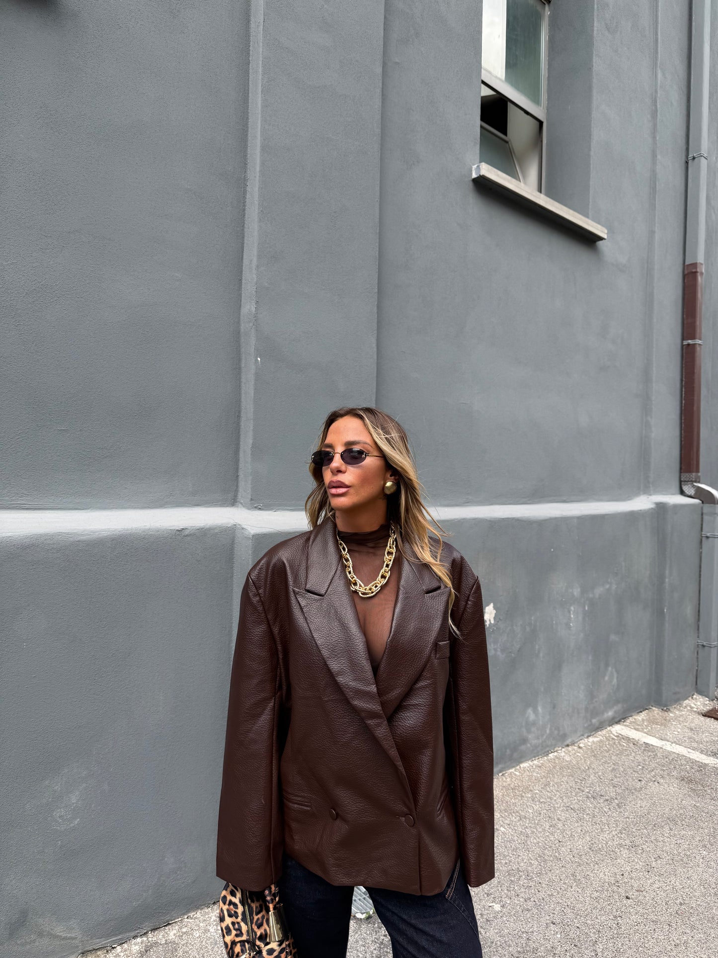 Blazer oversize ecopelle martellata Brendy cioccolato 10523 premium quality