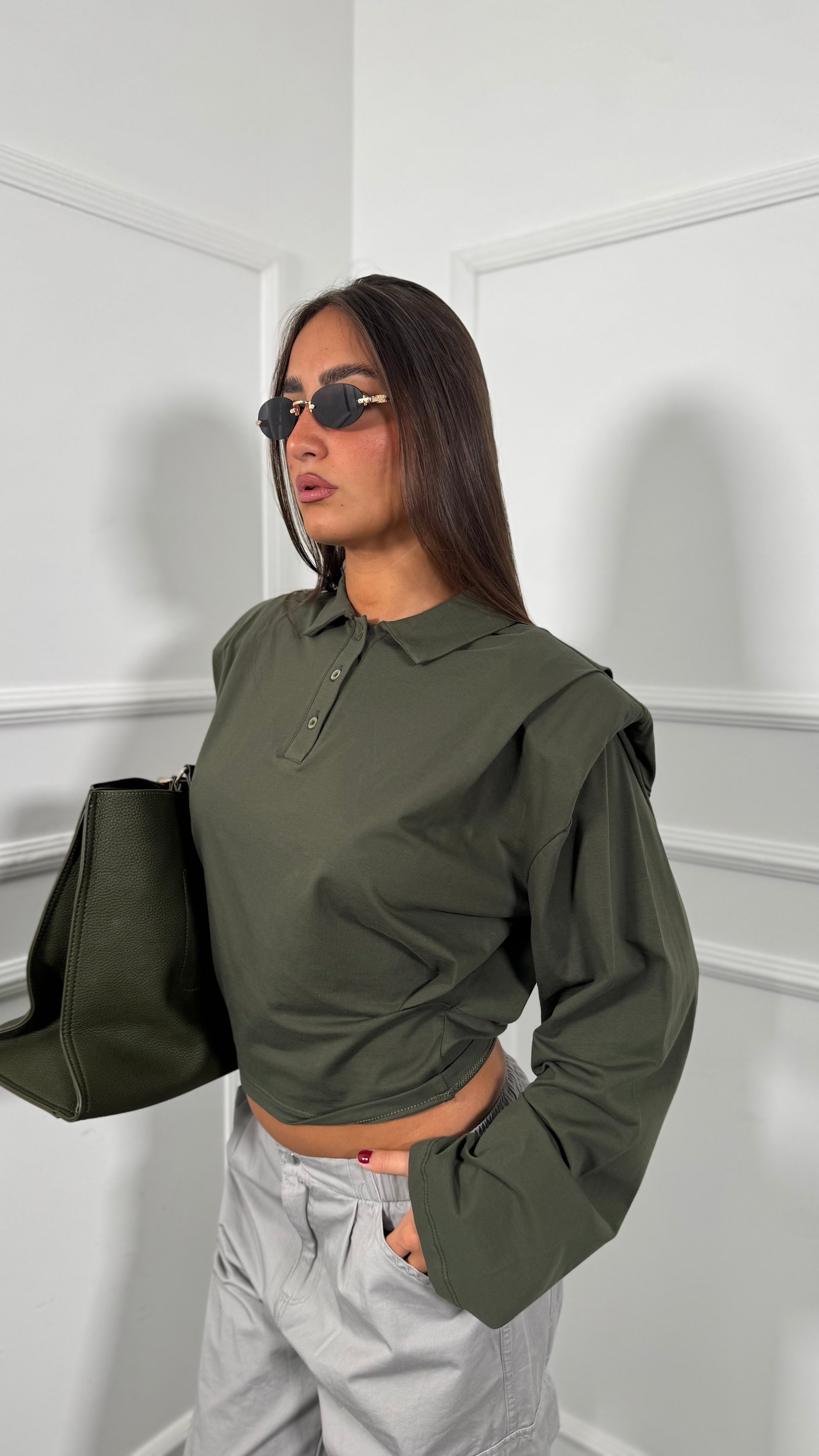 Polo Crop in cotone con spalline by justwest Timoty verde militare jw1994