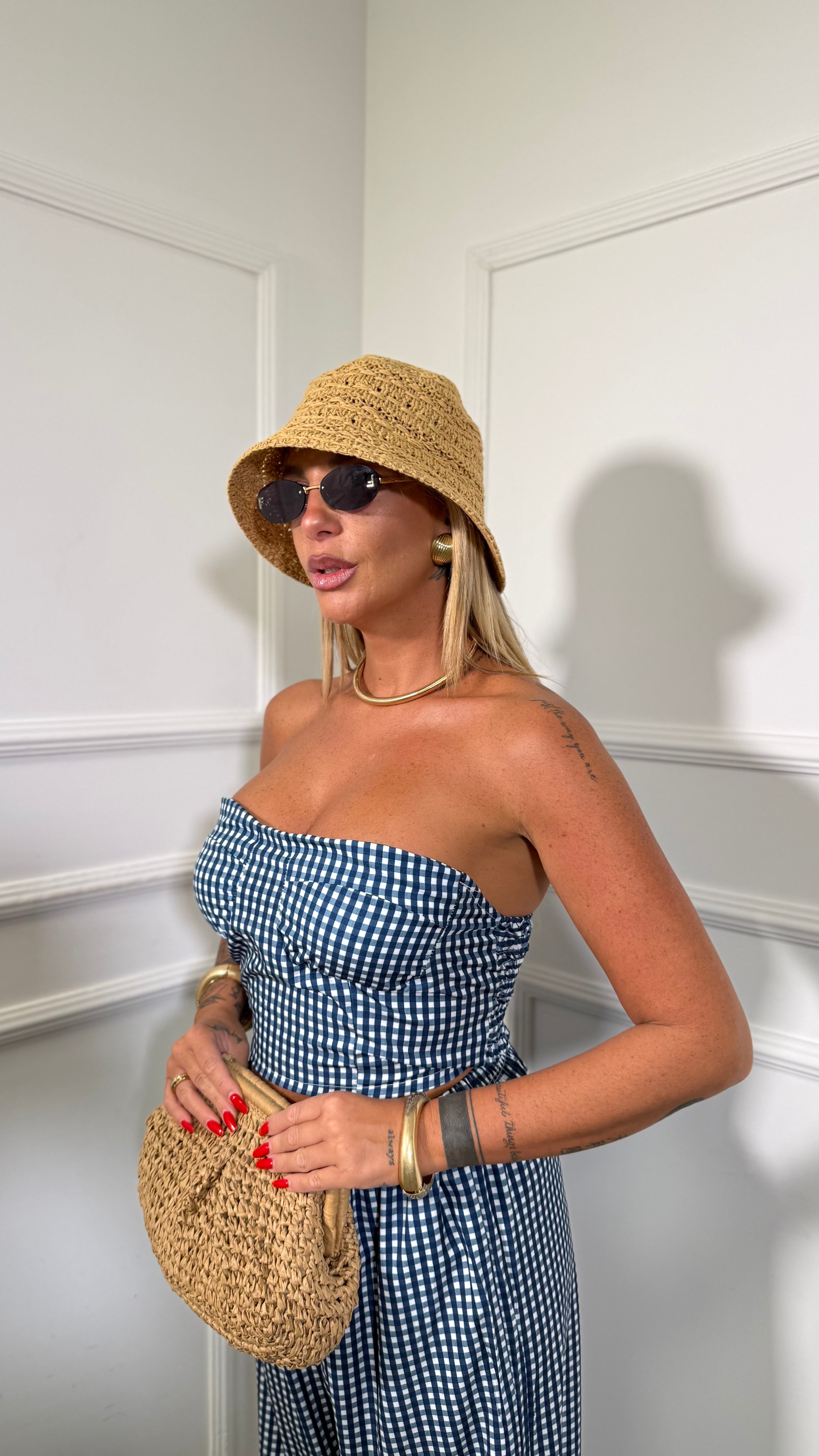 Coordinato a quadretti con top a fascia Mirea blu