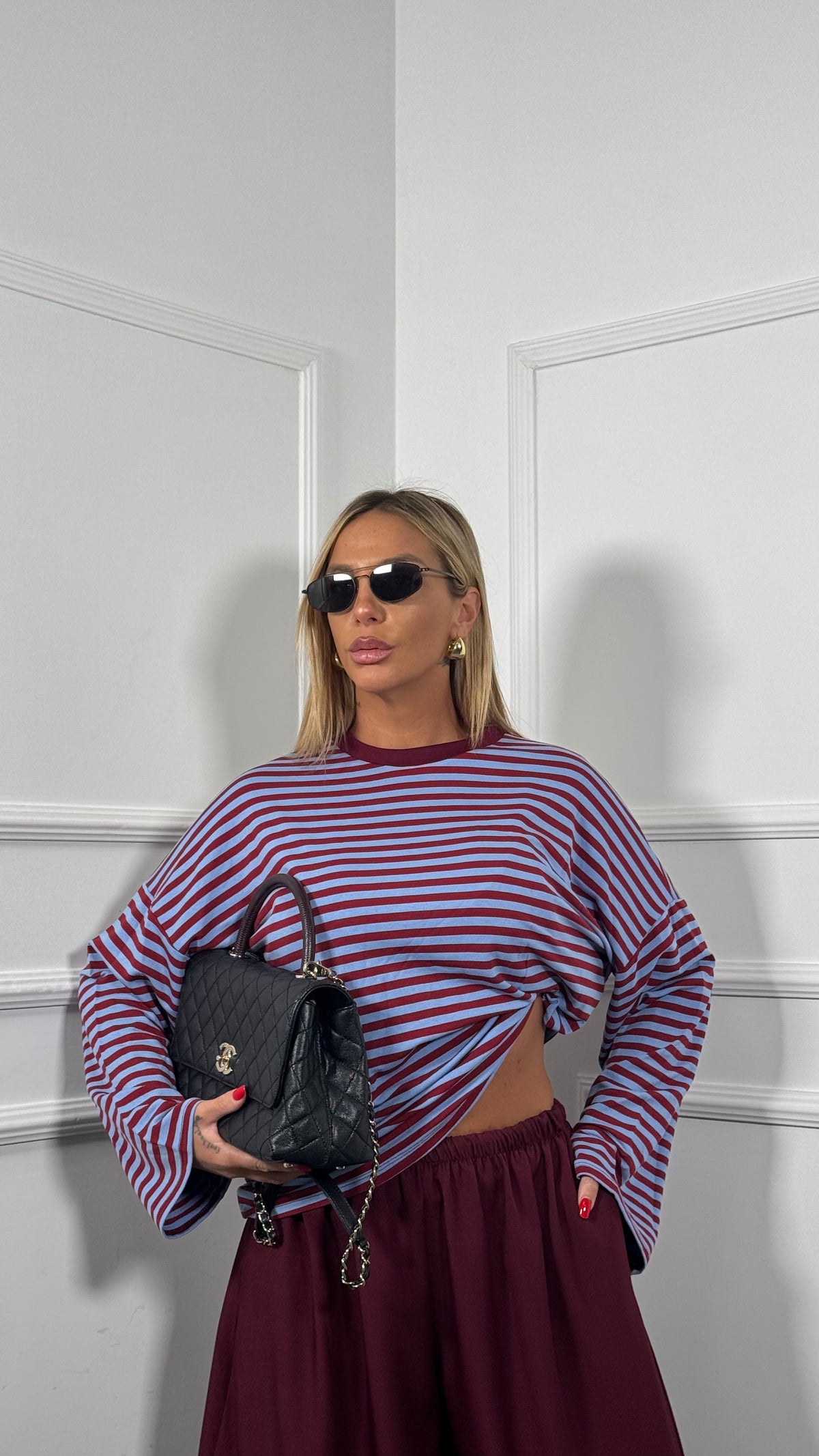 Shirt oversize a righe manica svasata Desy celeste/bordeaux 37990