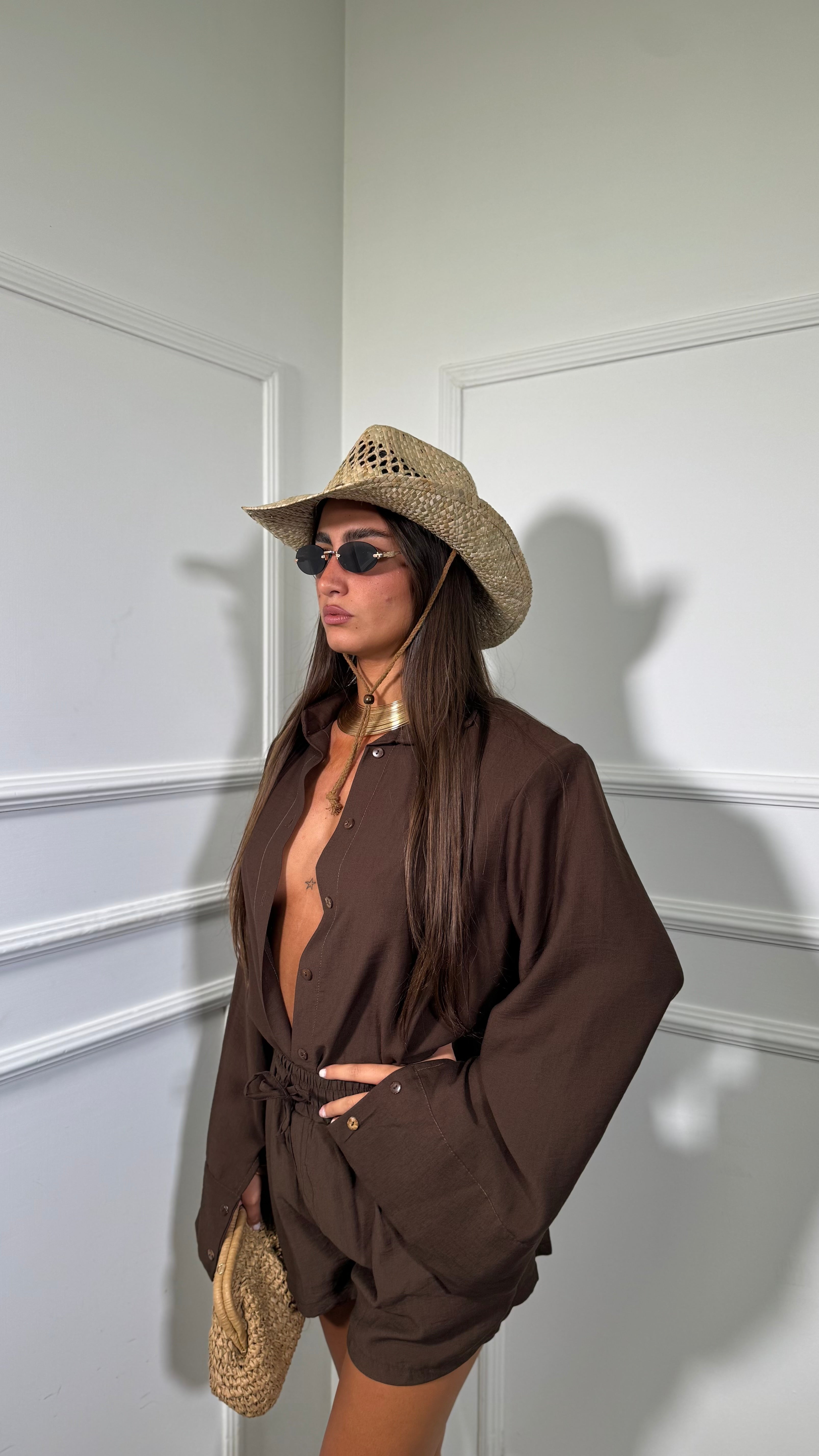 Coordinato misto lino con spalline Sirenuse cioccolato 7105