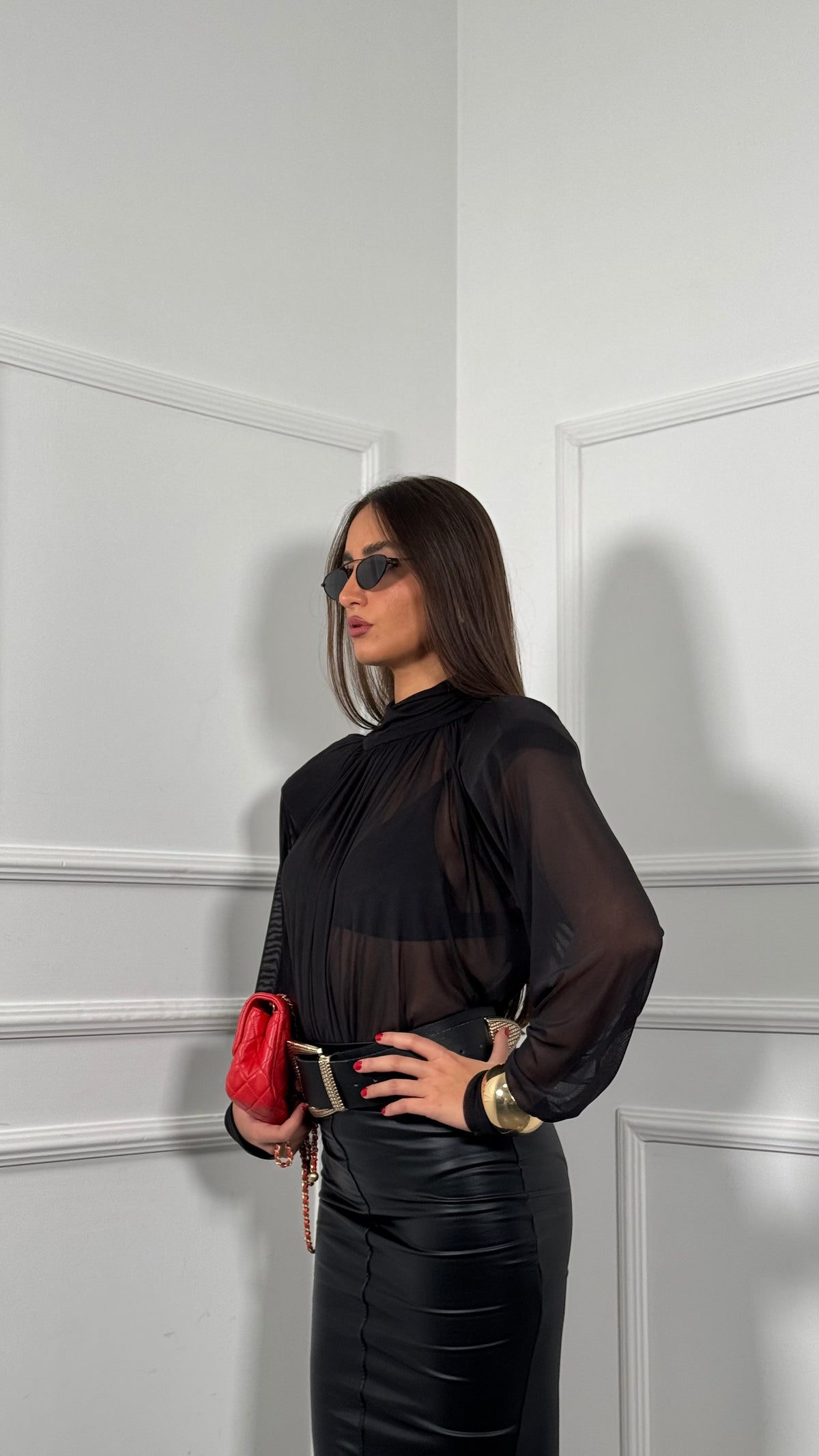 Body in chiffon velato con spalline by lumina Zulea nero ld6139