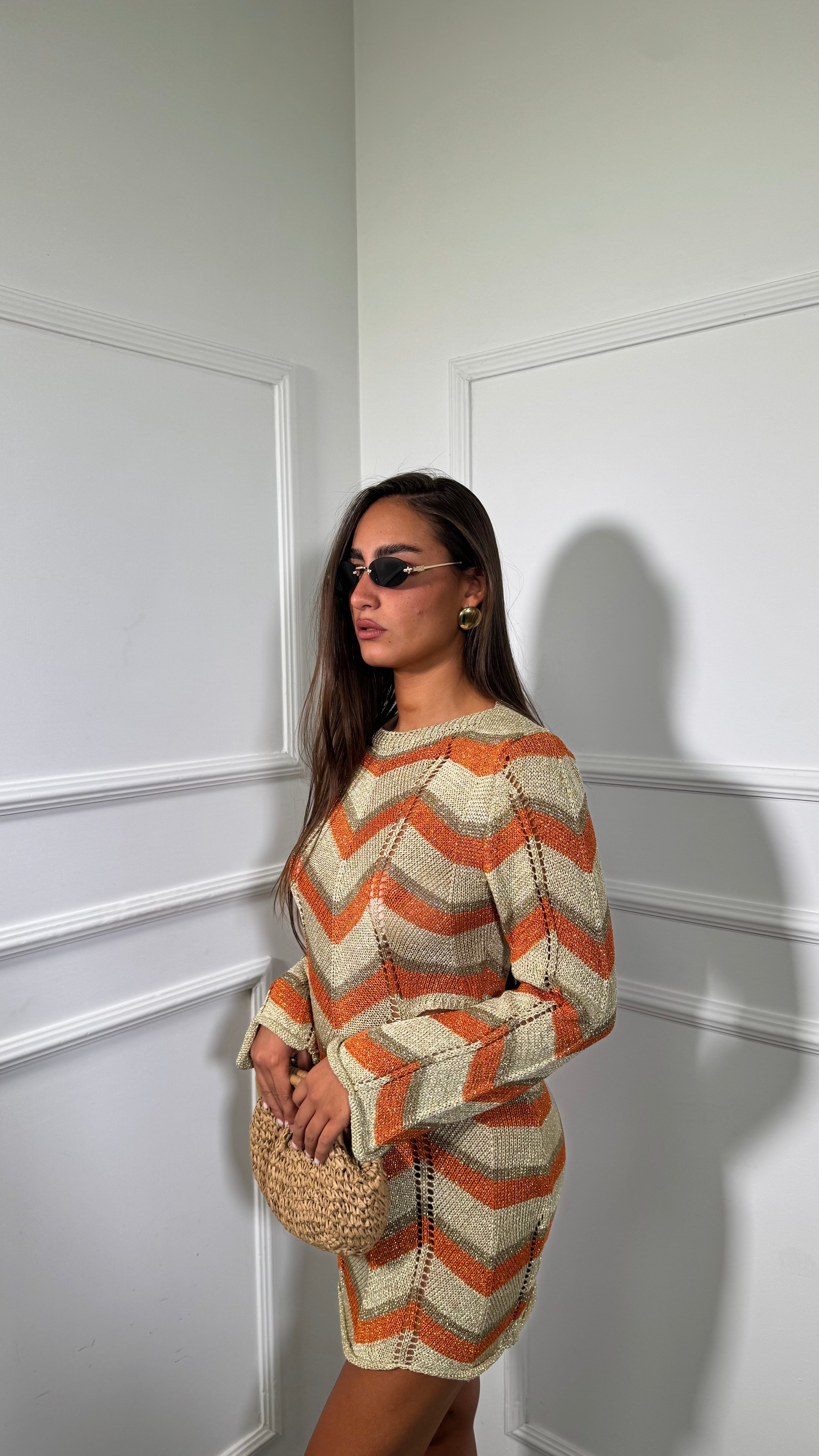 Abito corto zig zag in lurex cut out Oro/arancione 2871