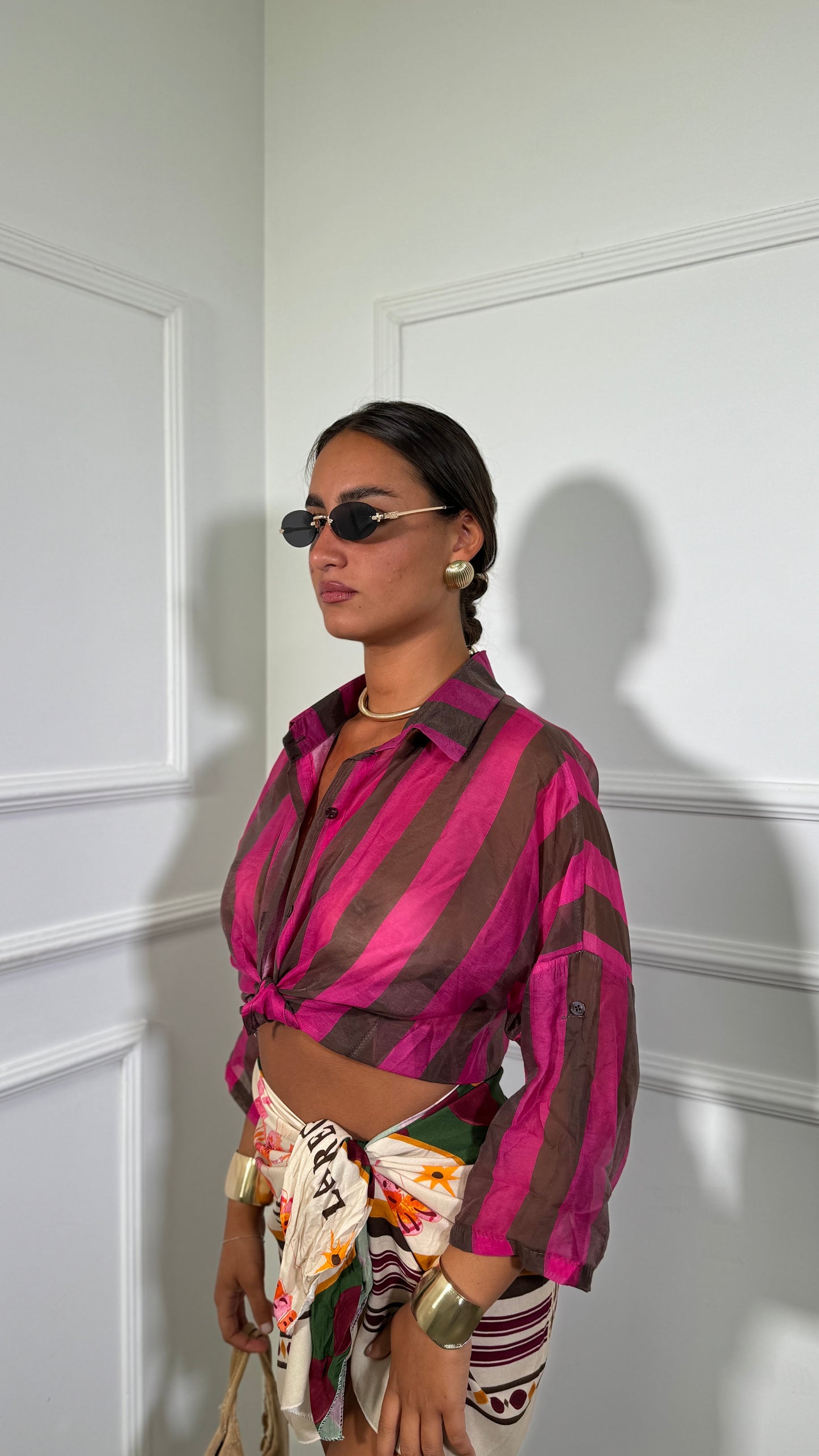 Camicia con colletto semi velata a righe Astrid marrone/magenta in728712