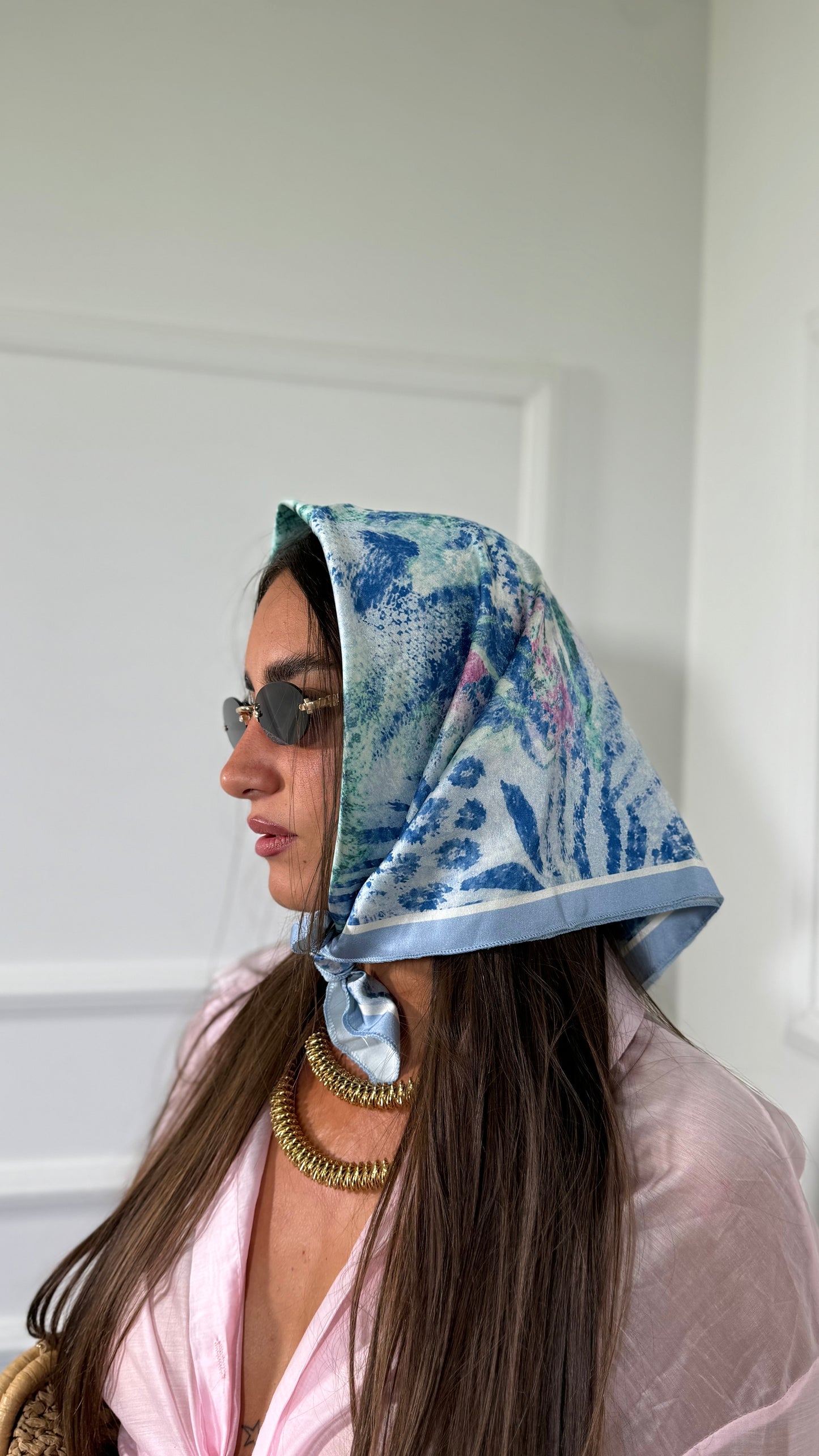 Pareo + bandana in satin Portofino azzurro