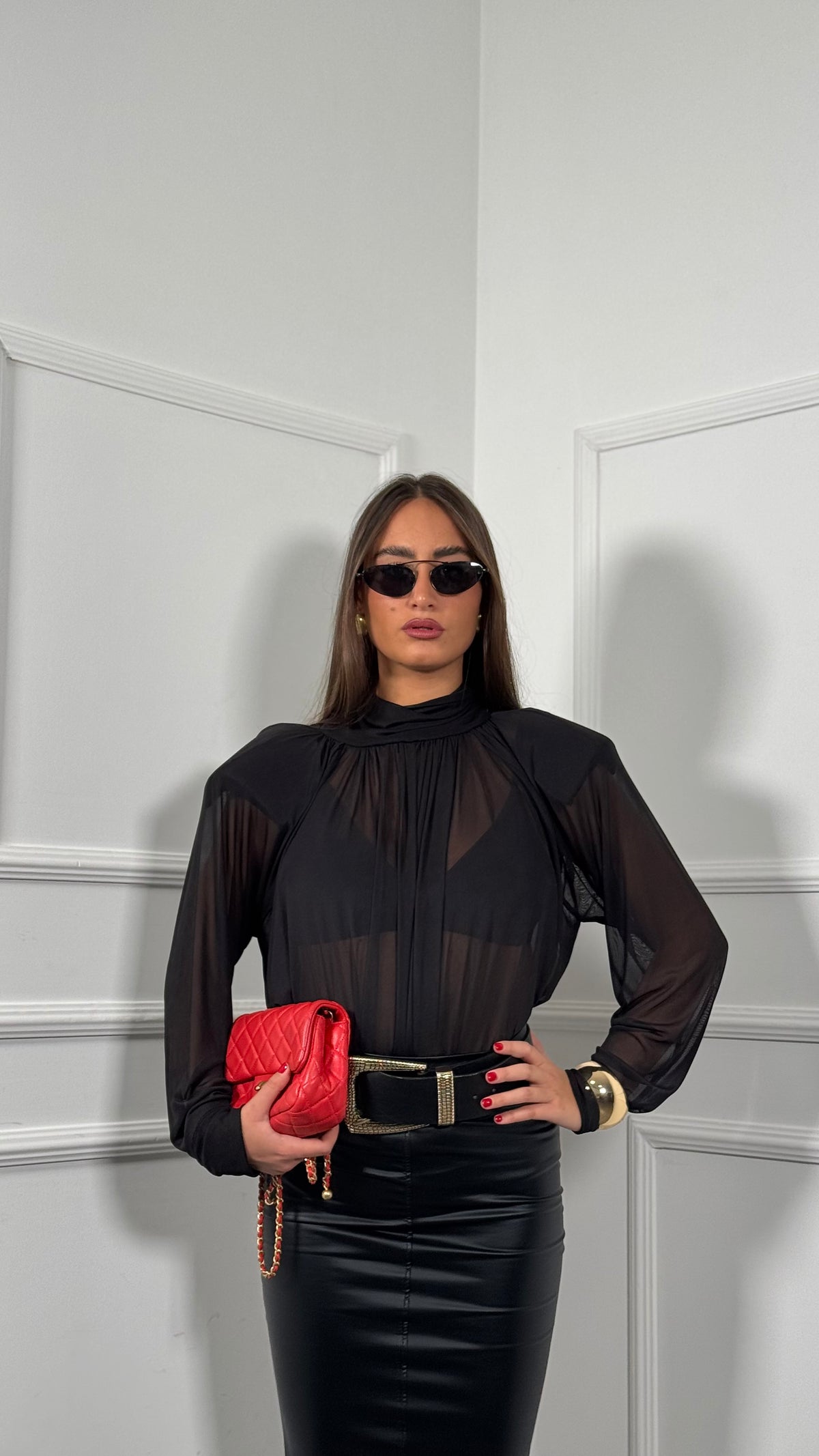 Body in chiffon velato con spalline by lumina Zulea nero ld6139