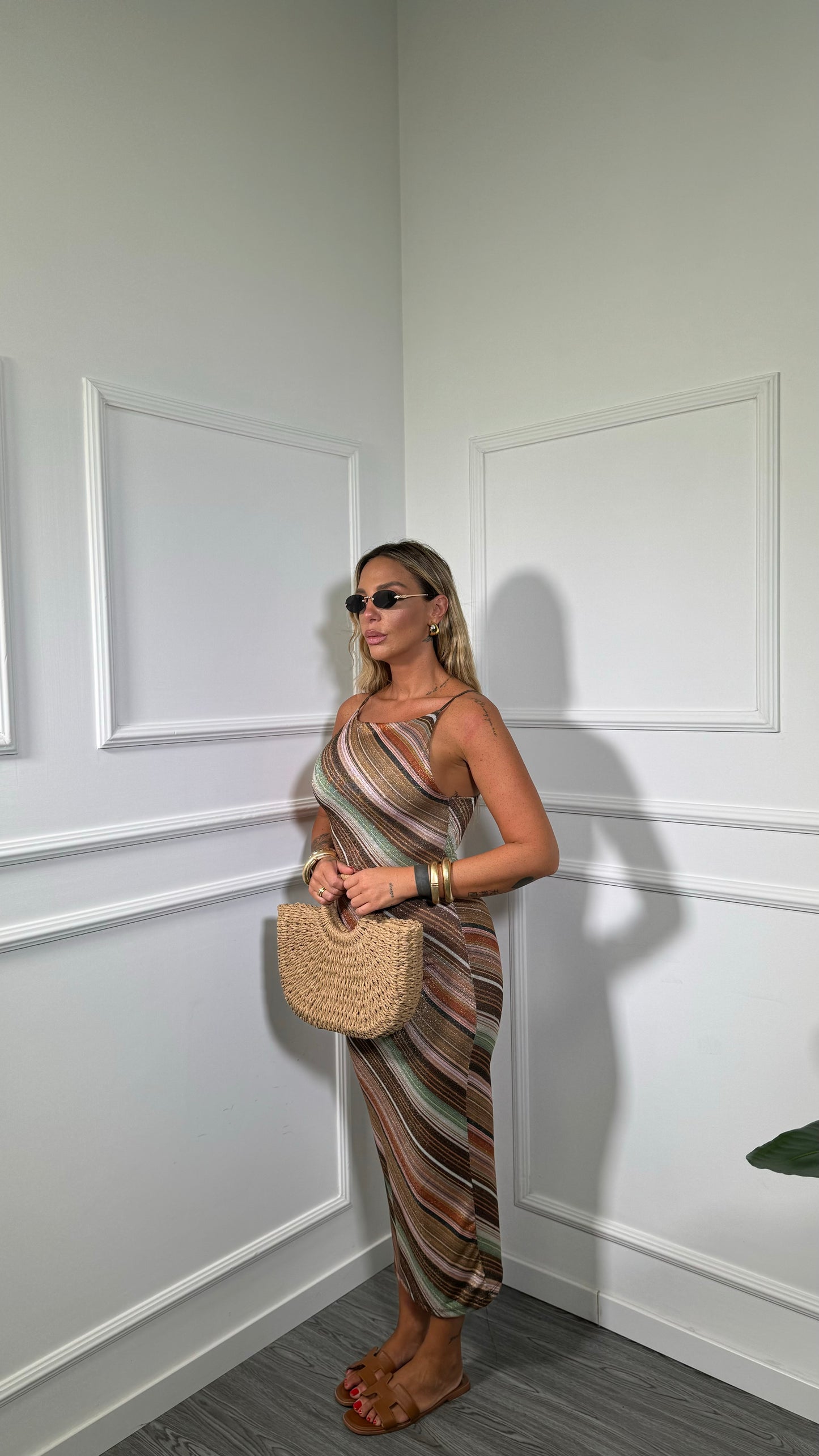 Abito midi in lurex Rainbow marrone