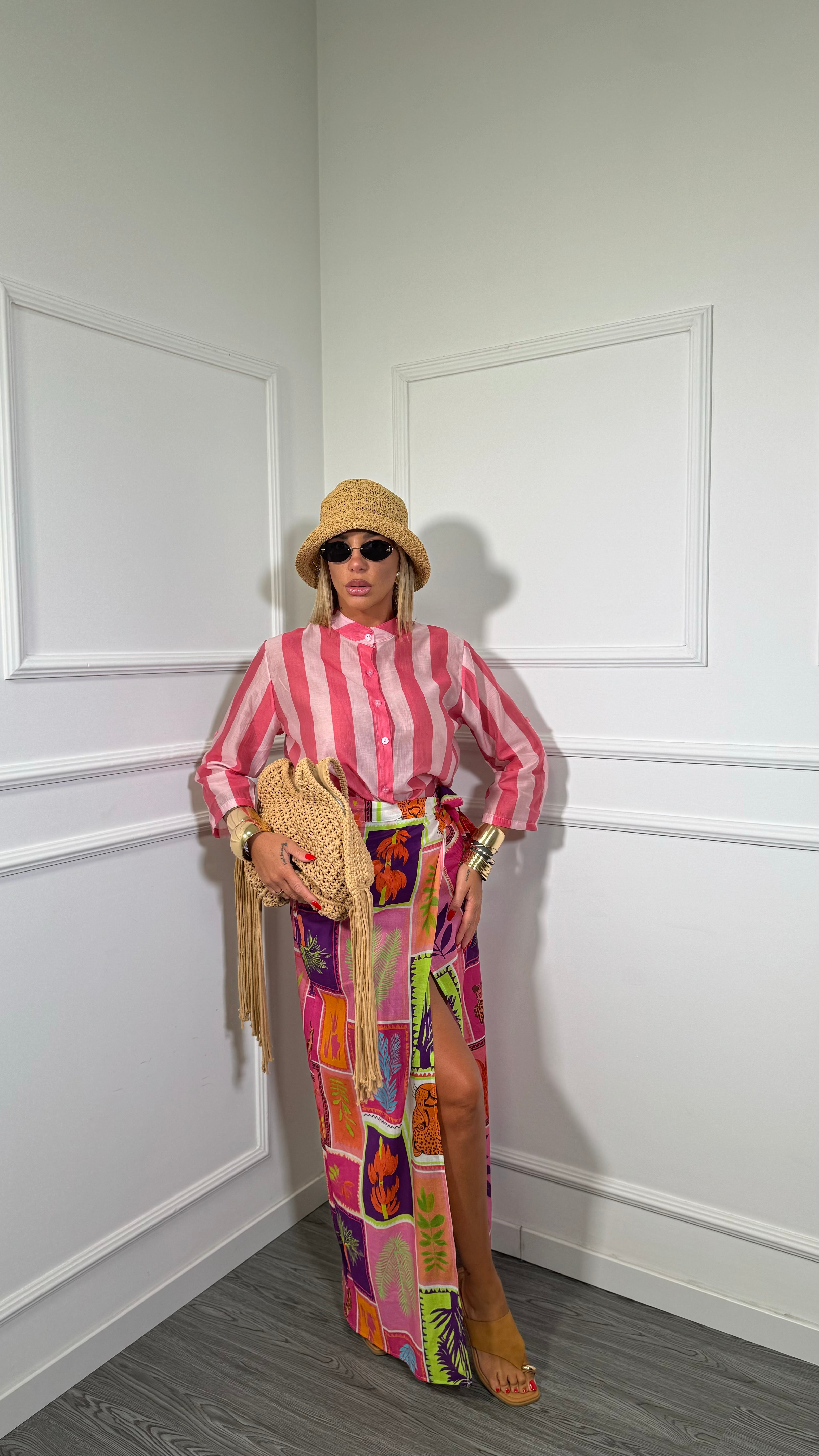 Gonna pareo lunga in cotone multicolor rosa/viola