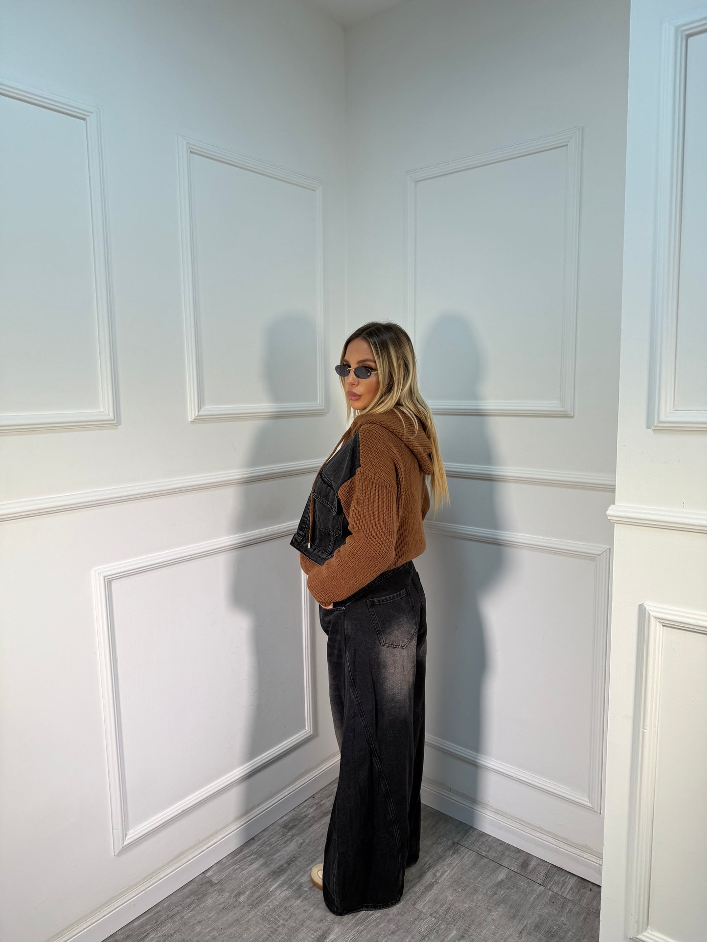 Felpa con zip e finto gilet denim Dawson nero/cacao 0135