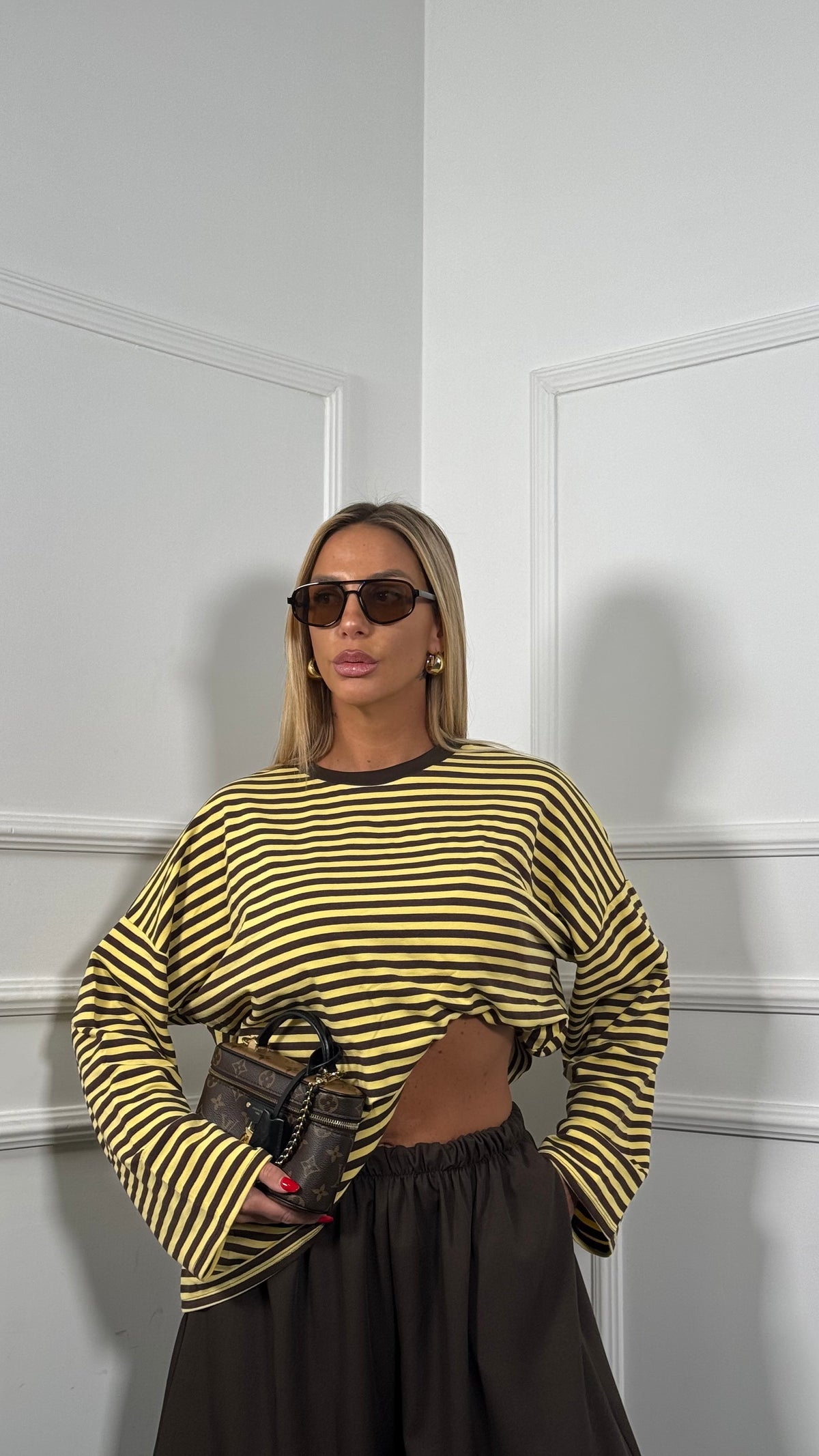 Shirt oversize a righe manica svasata Desy cioccolato/giallo 37990